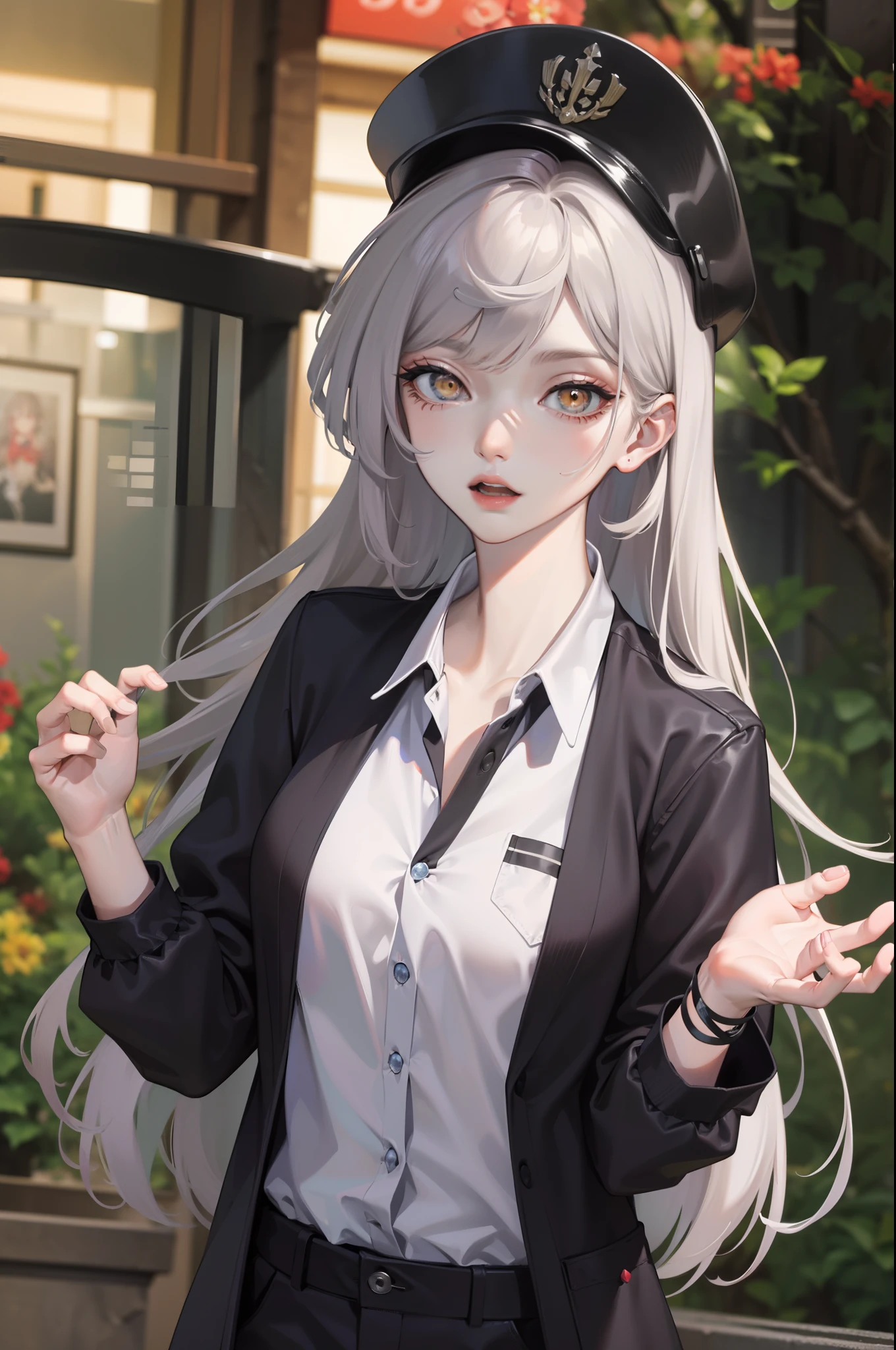 medium shot, medium shot, Depth-of-field, bust, Upper body, cinematic angle, 巨作, Best Quality, A highly detailed, cg, 8k wallpaper, beautifull face, delicate eyes, virgin, 独奏, long white hair, Yellow eyes, hairpin, white shirt, Black hooded jacket, black baseball cap, Black Socks, Black above-the-knee shoes, Sunset, Medieval port, Port, Detailed water surface, Reflection of the sun