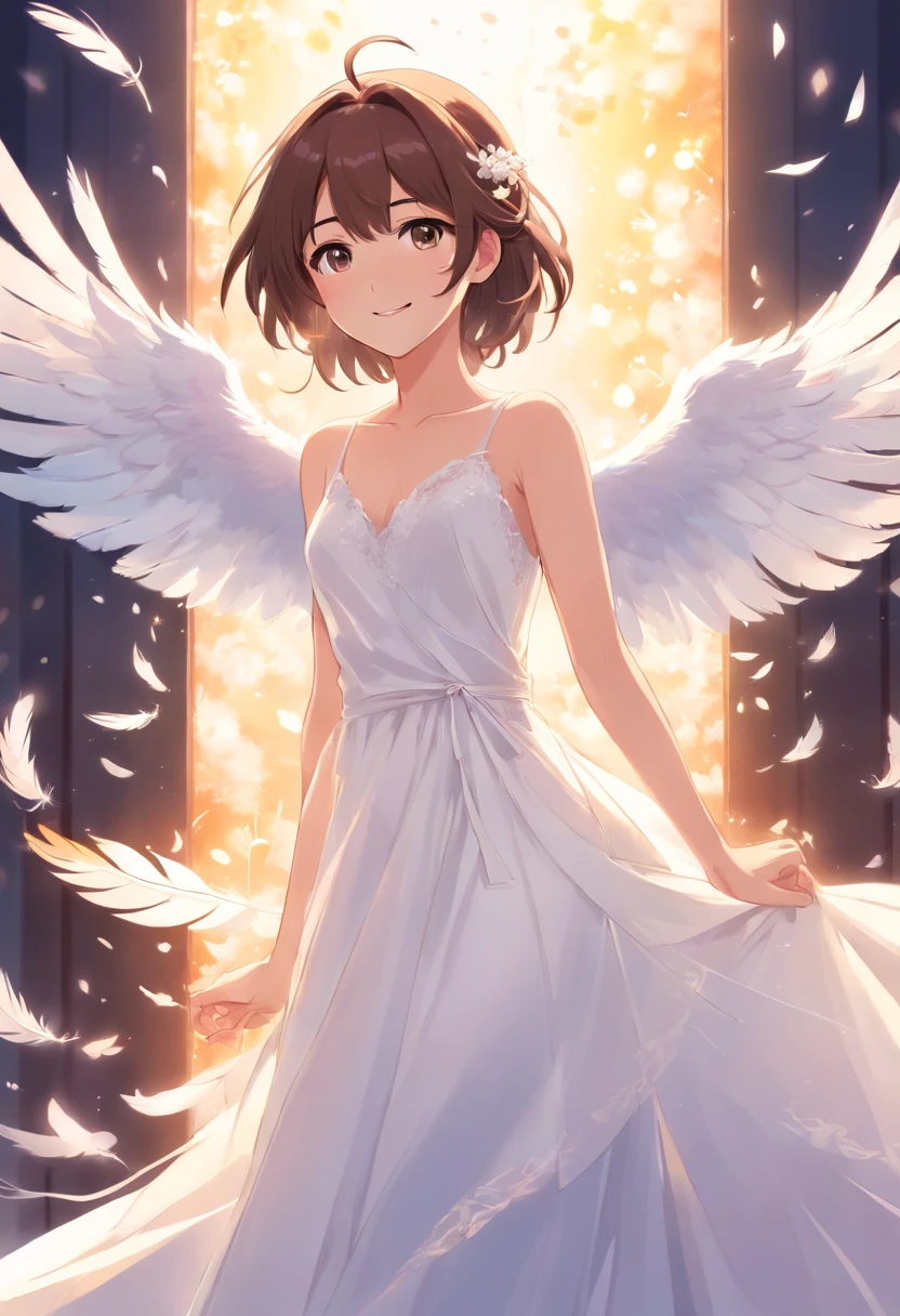 Full body white wedding dress ,The girl smiled sideways,Angel flickering in the background,The feathers slowly fell. Long Brown hair, dull purple eyes.