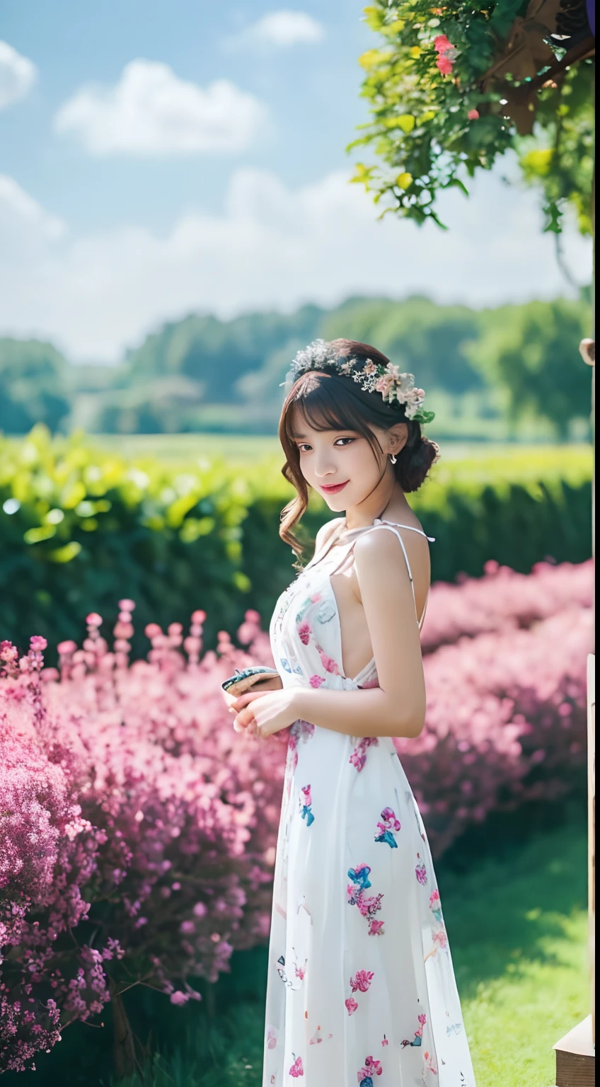 masterpice, (Best Quality), ((best detailed)), depth of fields, beautiful  Girl, Beautiful face, Nature, Spirit, florals, colorful scenery, Flowers, butterflys, White sparkling satin dress, element in,fullbody image,Under the blue sky,fullbody image,