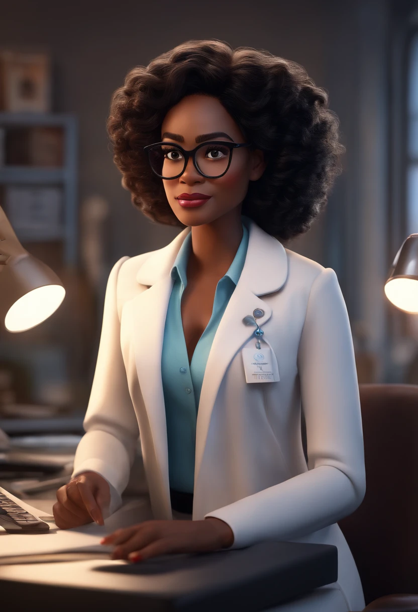 Pixar style image with 3D character glasses black woman medium curly black hair in white coat working in officeDisney makeup, office,bonitinho, sorridente ,Close-up, Pixar, Disney, Cinema lighting,