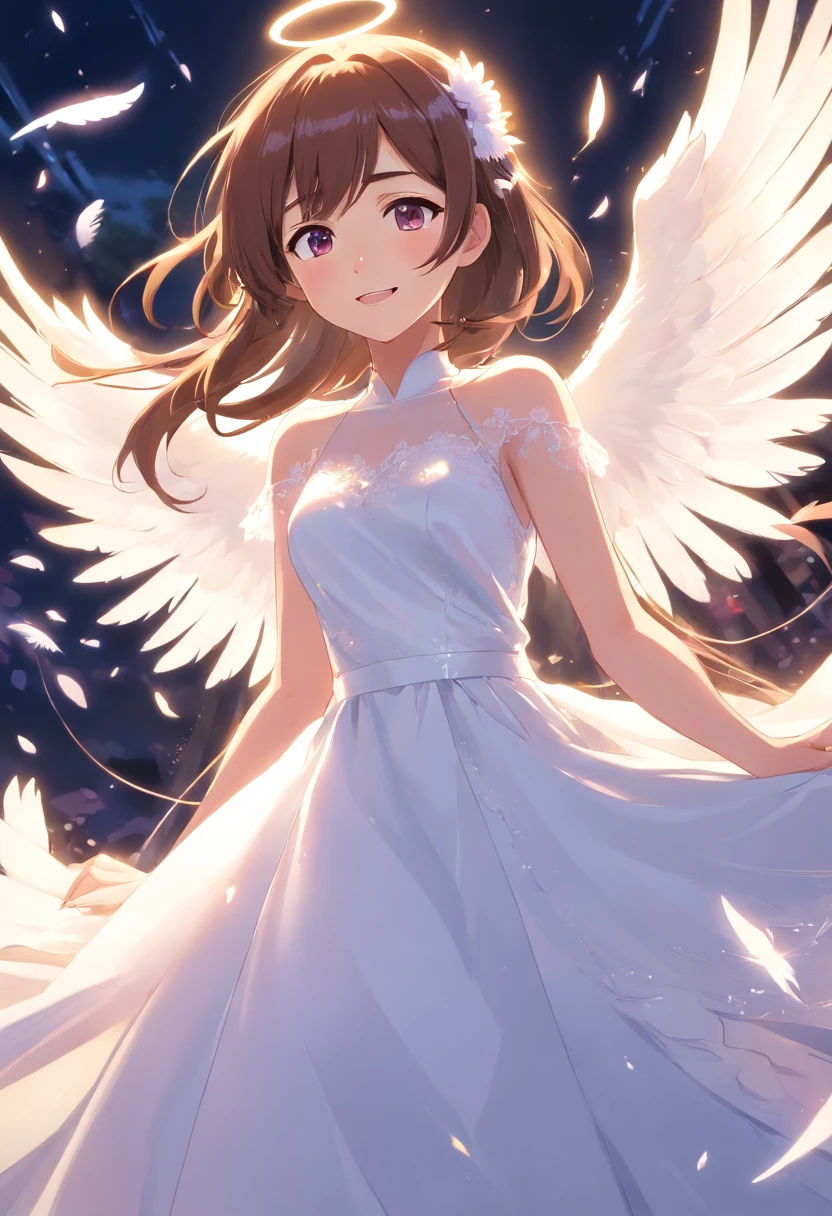 Full body white wedding dress ,The girl smiled sideways,Angel flickering in the background,The feathers slowly fell. Long Brown hair, dull purple eyes.