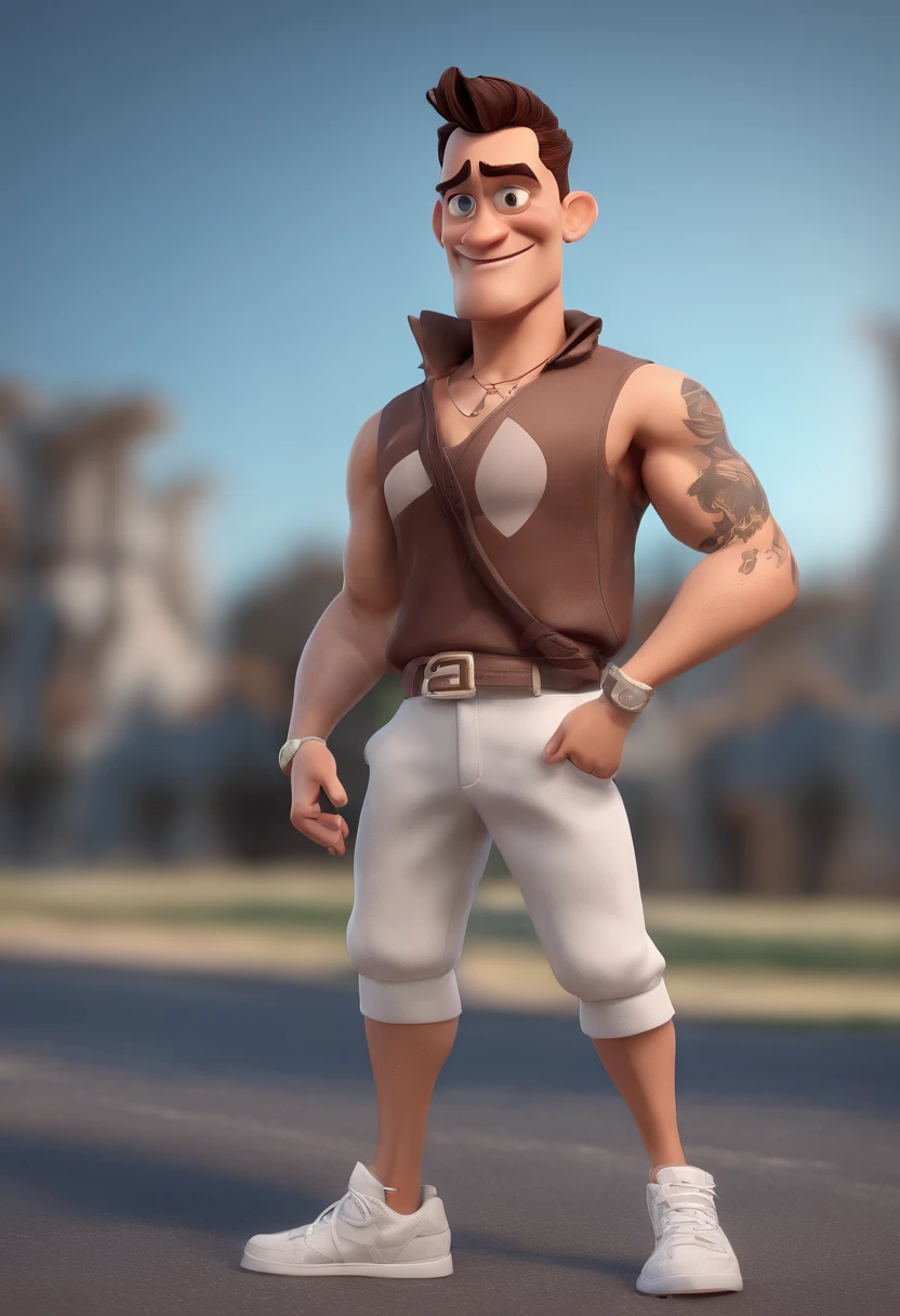 Cartoon character of a man in a black tank top and white sweatpants, white sneakers, a scar on the right side on the forehead, next to the eyebrow, right muscle, ,academia, animation character, Caractere estilizado, animation style rendering, 3D estilizado, Arnold Maya render, 3 d render stylized, toon render keyshot, Personagem 3D, Personagem 3D, 3d rendering stylized, 3 d character render, personagem de desenho animado, Personagem de close up, Pose de personagem,  (Estilo Pixar) (master part:1.2) (Bokeh) (best quality) (pele detalhada) (textura detalhada) (8k) (argila) (Cinematic lighting) (foco nítido