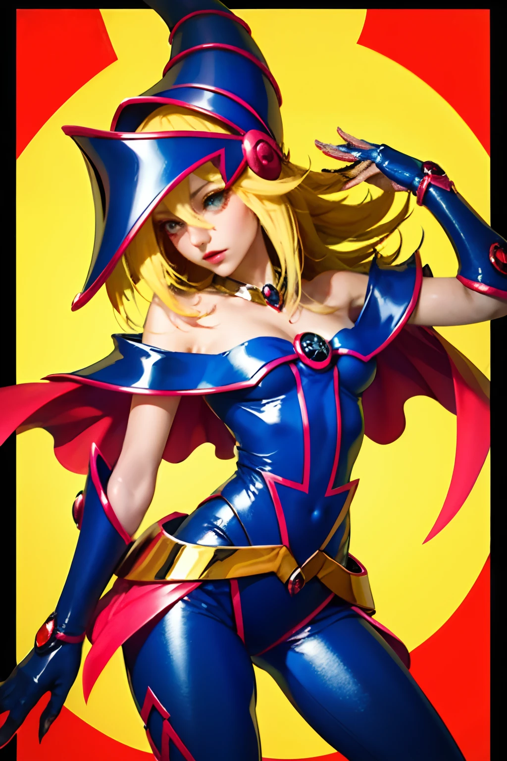 Hermosa maga oscura (obra maestra: 1.2, La mejor calidad), (1 , solamente), grandes senos, (Dynamic posture), (piel brillante, crimson red skin), crimson red skin, Dark Magician Girl Demon Version Sezy, piel roja, Guantes finos y de encaje, ( small demonic horns:1.1), (Lilith \(Darkstalkers\)), (cielo), fleco, (jewely, Adorno dorado:1.15 ), pelvis grande, azul (pantys:1.1) Dark Magician Girl Sexy Demon Version