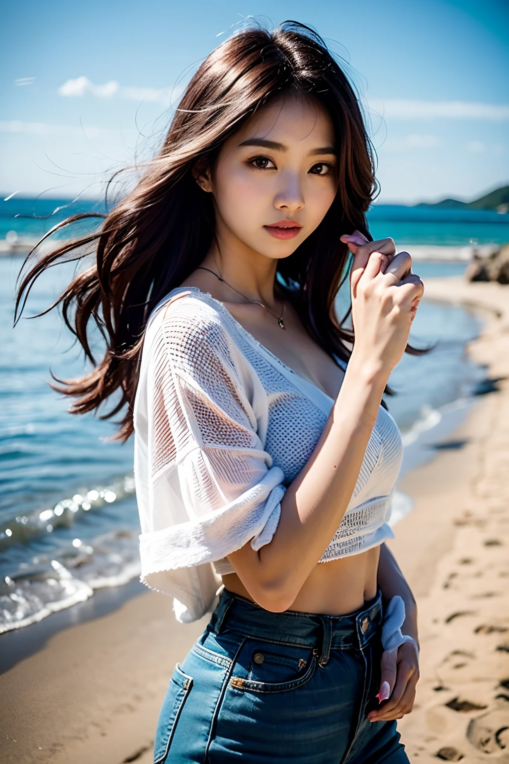 A woman stands on the beach with her hair blowing in the wind, Korean Girl, ulzzang, beautiful south korean woman, asian girl with long hair, with long hair, Beautiful young korean woman, Gorgeous young Korean woman, Korean Woman, 8k selfie photograph, sakimichan, Young and cute girl, 19yo girl