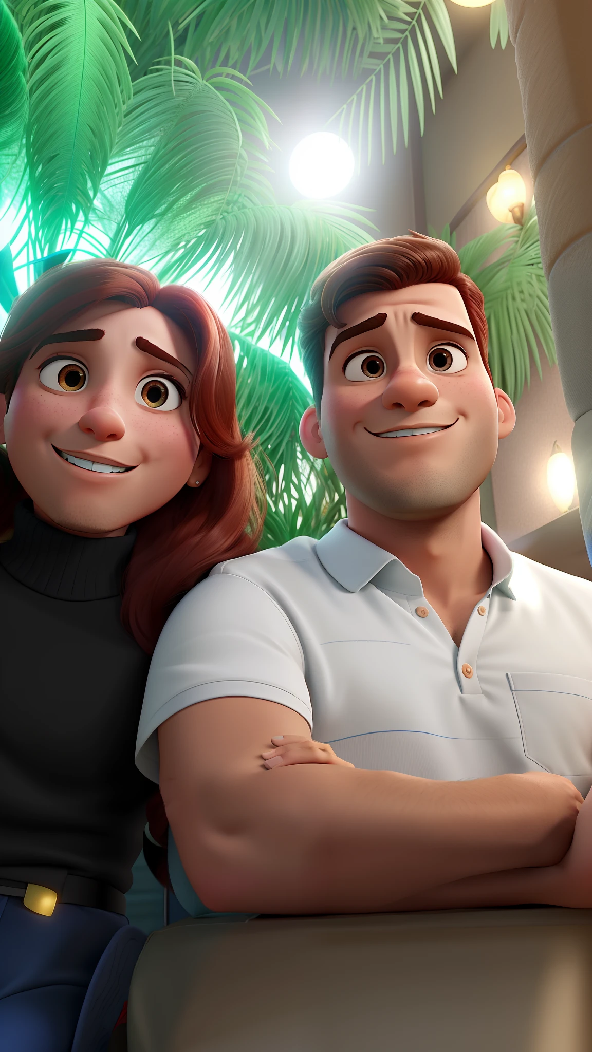 Casal (homem moreno e mulher branca) no estilo Disney Pixar, alta qualidade, melhor qualidade.