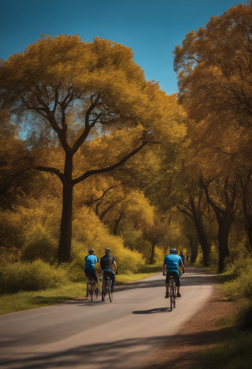 turma de ciclistas parados para fotografia, Blue sky landscape background and trees