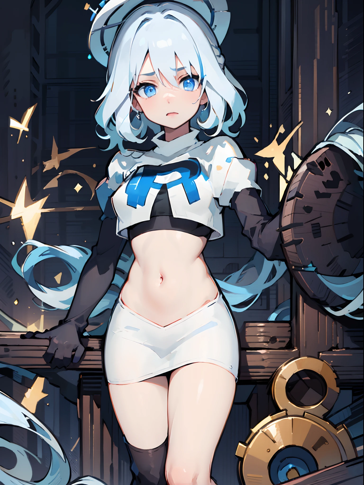 furina, 1girl, solo, long hair, blue eyes, jewelry, blue hair, ahoge, blue hair, white hair, heart, streaked hair, symbol-shaped pupils,blue headwear, top hat,team rocket,team rocket uniform,white skirt,crop top, black thigh-highs,black elbow gloves,