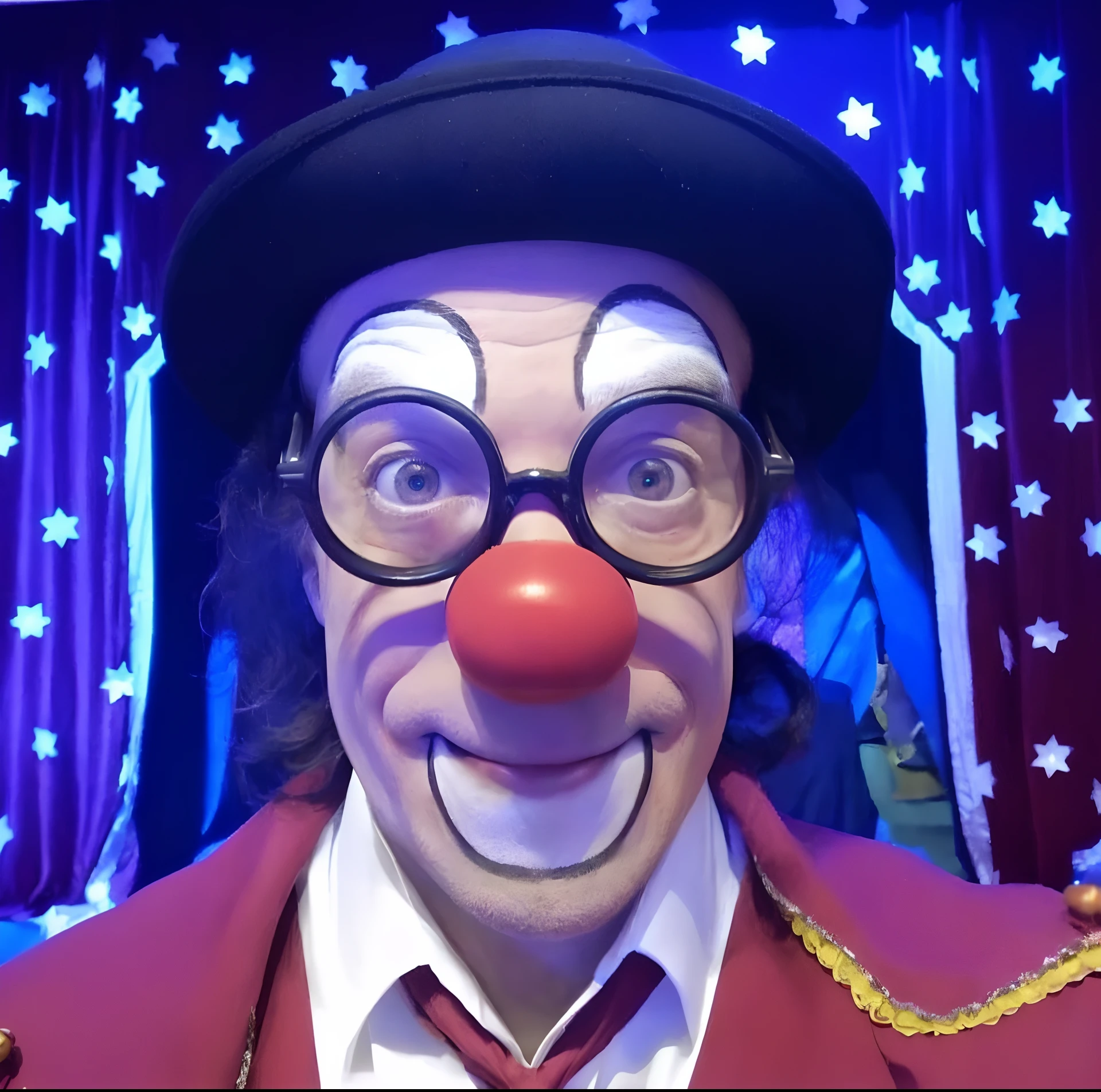 Clown with glasses and red nose and hat, cutecore clown, clown face, circus clowns, the clown is far from the camera, Retrato do artista circense, clown, Bem-vindo ao Circo, Vaudevillian, nariz vermelho, wearing accurate clown makeup, clowns, communist clown, bozo the clown. clown motif, Clown Donald Trump