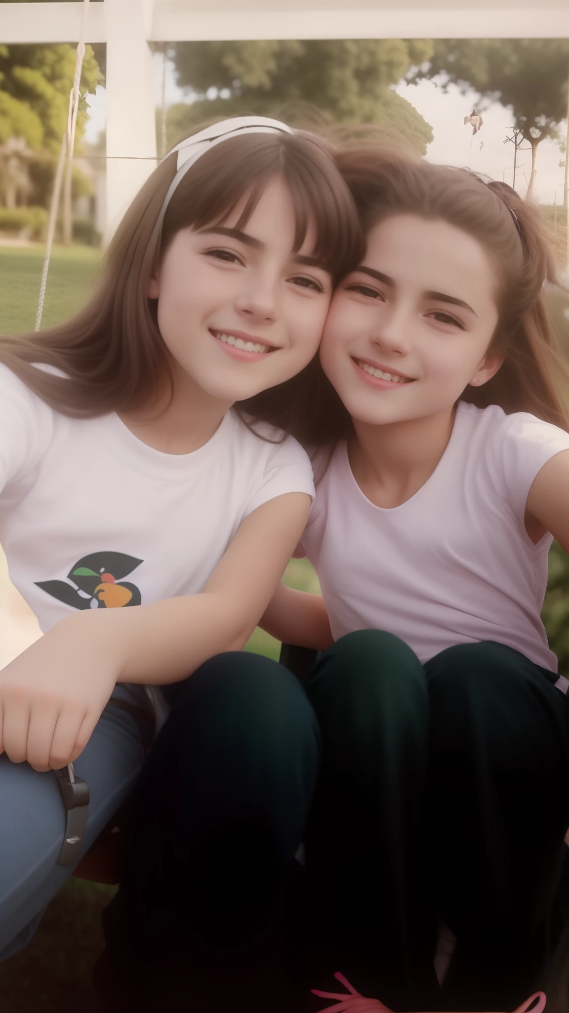 There are two young women sitting on a swing in a park, imagem antiga, imagem de qualidade muito baixa, tiradas em meados dos anos 2000, tiradas no final dos anos 2000, with a twin, quatro anos, childhood friend, childhood friend vibes, sisters, Duas meninas, tiradas nos anos 2000