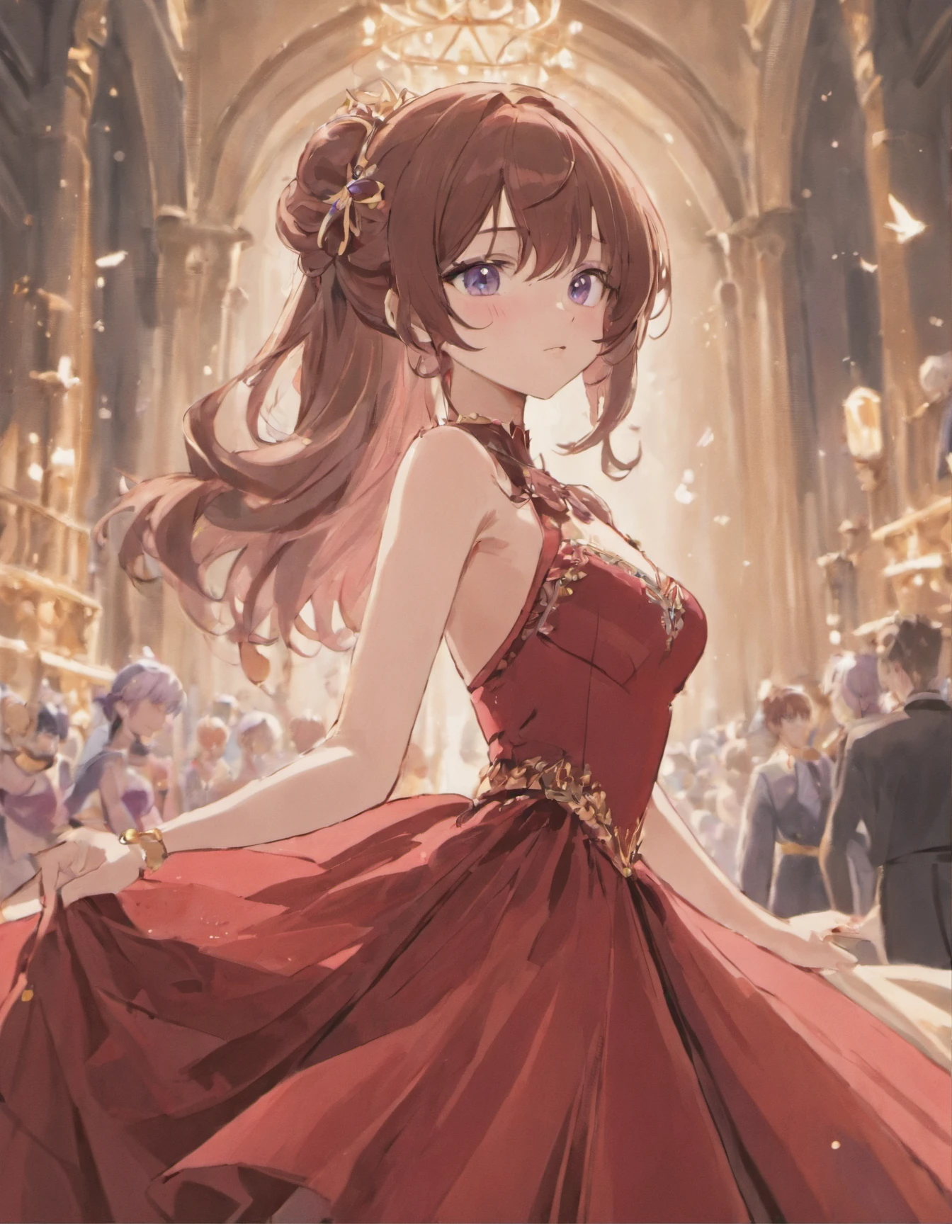 A beautiful girl with purple dull eyes and brown long hair wearing a red, luxurious ball gown.