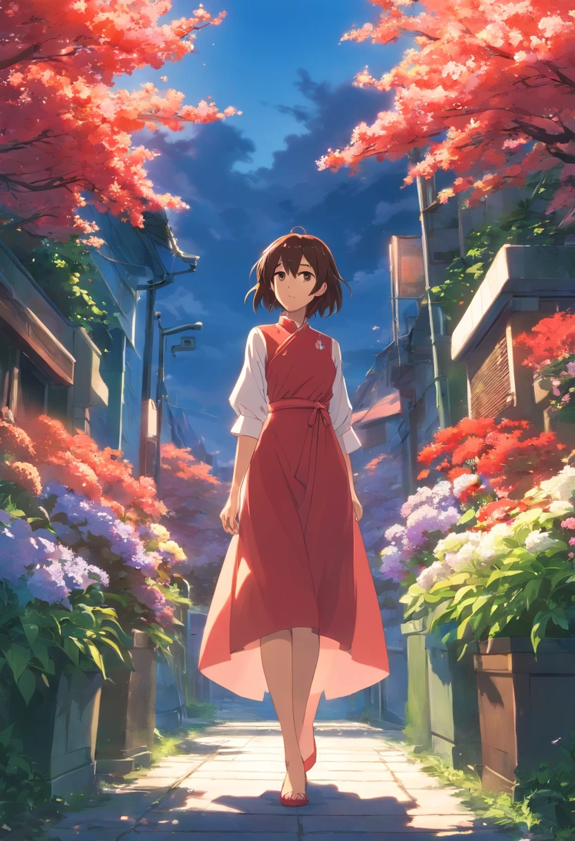 Uma garota de gostar de vestido vermelho segurando um boque de flores