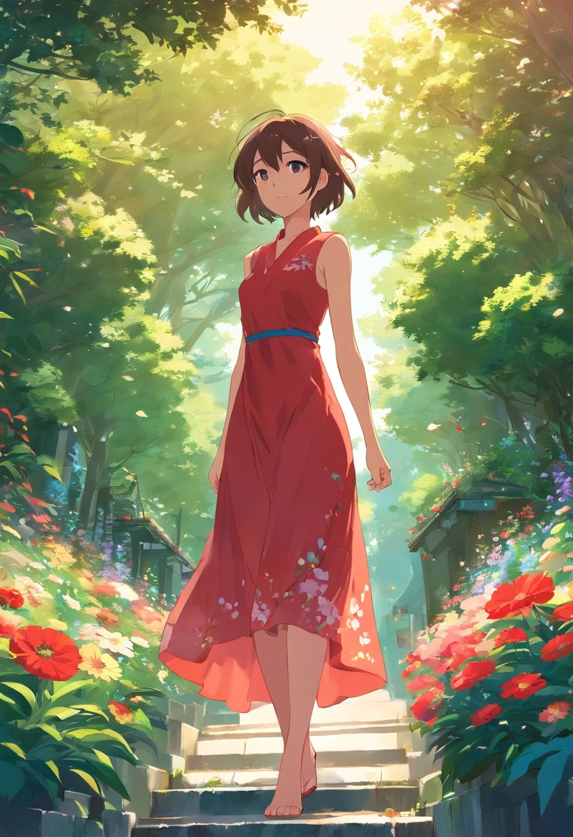 Uma garota de gostar de vestido vermelho segurando um boque de flores