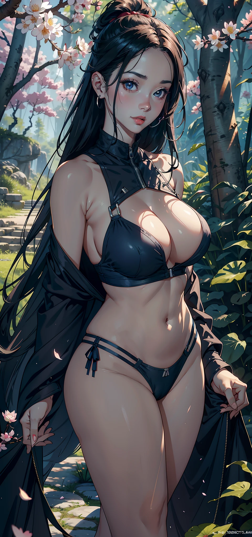 1female,45 yers old,Married Woman,熟妇,mature,plumw,extremely large bosom,Big breasts Thin waist,long leges, 独奏,(Background with:Cherry blossom forest,ponds,lotus flower)Stand deep in the forest,Open your legs, She has long black hair,bobo head,,seen from the front, standing in forest, mostly cloudy sky,(((tmasterpiece),(Very detailed CG unity 8K wallpaper),best qualtiy,cinmatic lighting,detailed back ground,beatiful detailed eyes,Bright pupils,Black eyes,Snow-whiteskin,Redlip(Very fine and beautiful),(Beautiful and detailed eye description),ultra - detailed,tmasterpiece,))facing at camera,A high resolution,ultra - detailed),laughingly,revealing breasts,Bare genitalia, Bulge,legs are open,Raised sexy,Camel toes,Flushed complexion,Desire for dissatisfaction,frontage,miltary,Navy(Wearing:,Blue military uniform,Officer uniform)A sagging breast