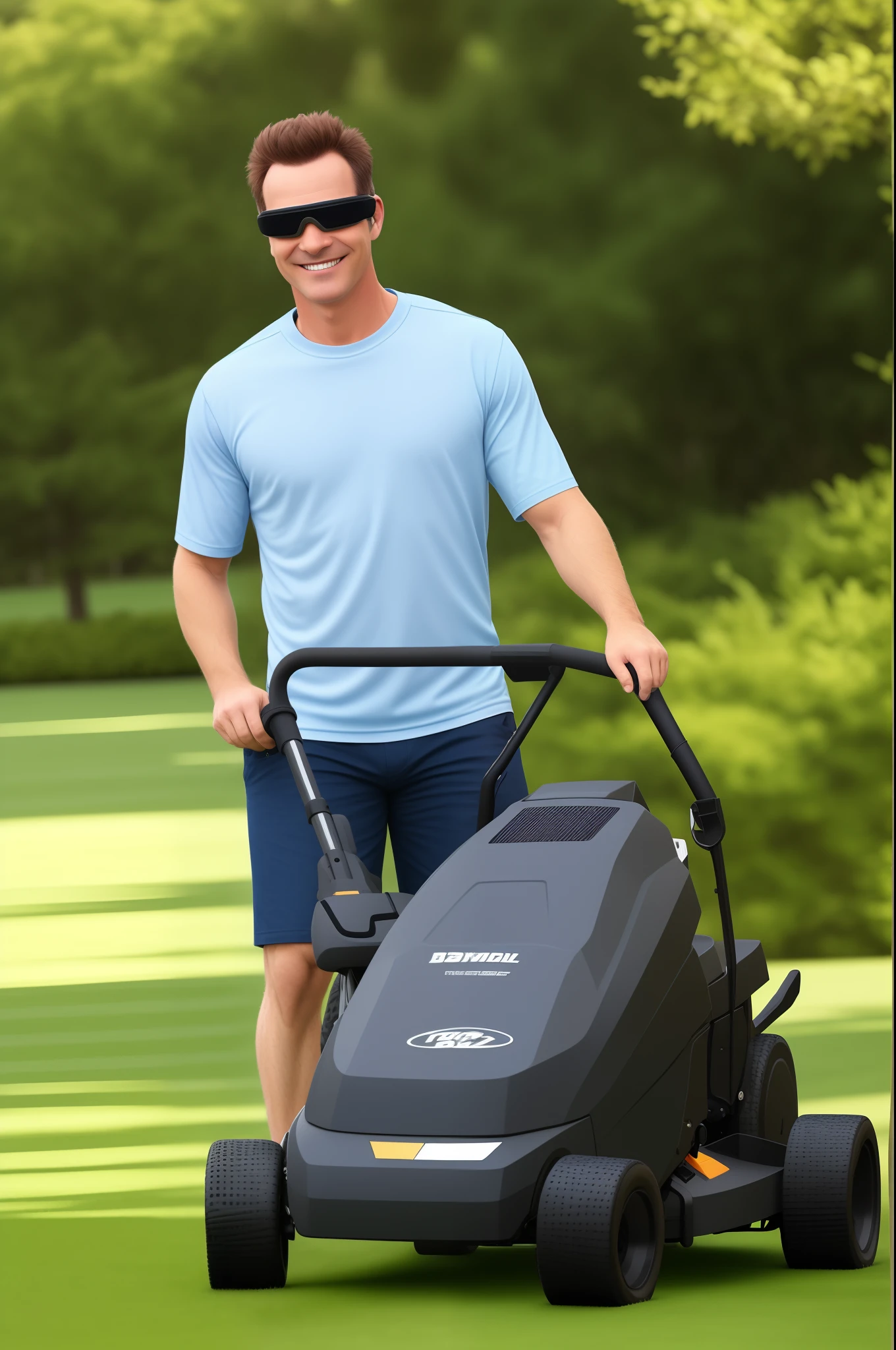 Middle-aged man smiling with sports mower wearing black-rimmed goggles