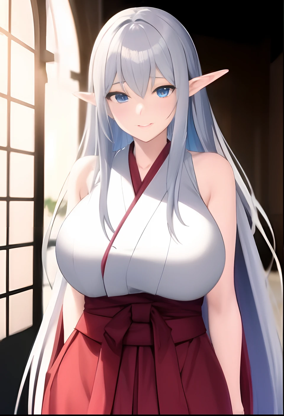 Nipples, vagina, Kimono, huge tits, busty, silver hair, elf ears,  blue eyes, long hair,  detailed, masterpiece, best quality, 4K, HDR, shrine, upperbody, emotionless,  blush face,