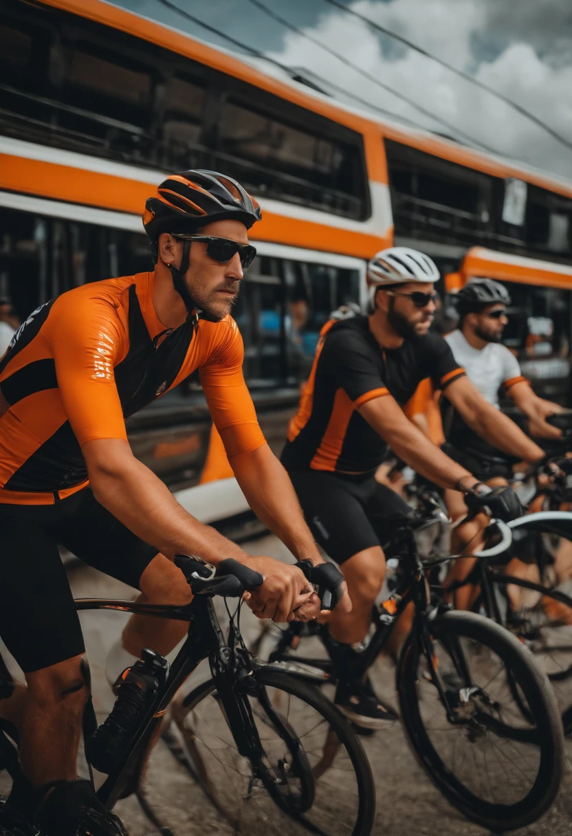 turma de ciclistas com camisetas na cor laranja e capacetes pretos