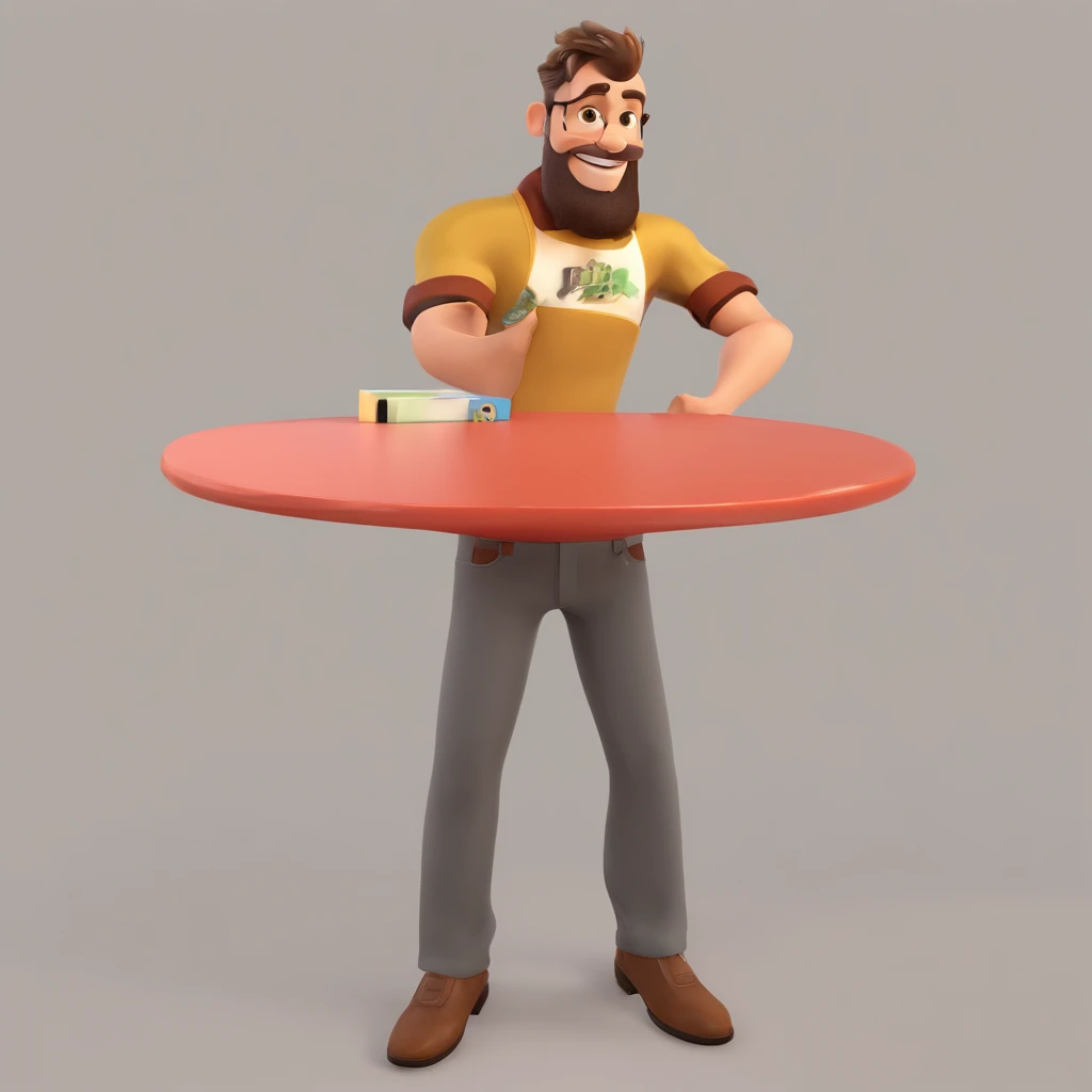 Criar um personagem no estilo Pixar. Trata-se de um homem de 30 anos, com barba, Branco, com cabelos castanhos curtos e um quiff, e olhos castanhos. Ele deve estar na frente de um computador, Trabalhar como designer