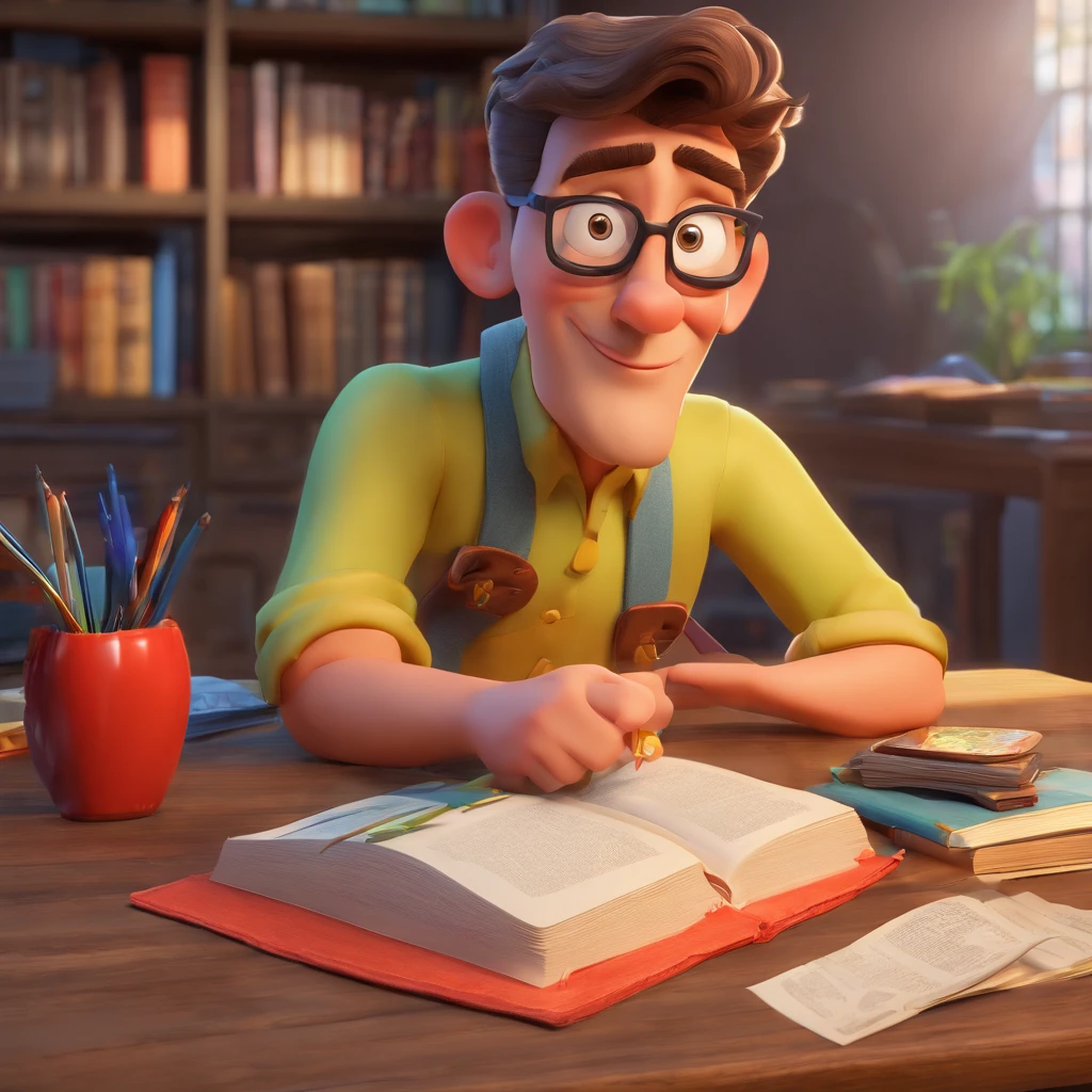 Create a Disney Pixar-inspired poster featuring the character of Pastor Rubens Janier, Un hombre completamente calvo con gafas, en una oficina con una Biblia sobre la mesa