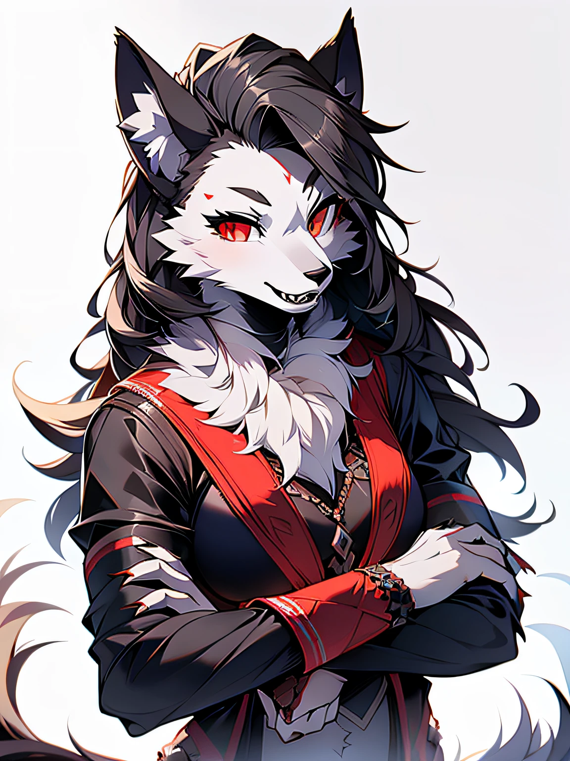 Realistic, anthro, Detailed face, Detailed fur, beautiful and detailed portrait of a, , helluva boss, Loona Hellhound, Luna, High-resolution grading of the chest area during hot summer months, Whole body, Beautiful, Enthusiastic faces, Solo, 1girll ， By cumbread，by SligartheTiger，Be clear about the content，Upload to E621，（The is very detailed：1.3），Pure white mask，rein_（Changed）， 独奏，Slightly thin，Hairy brunette hair， ，Small ears，Black hair