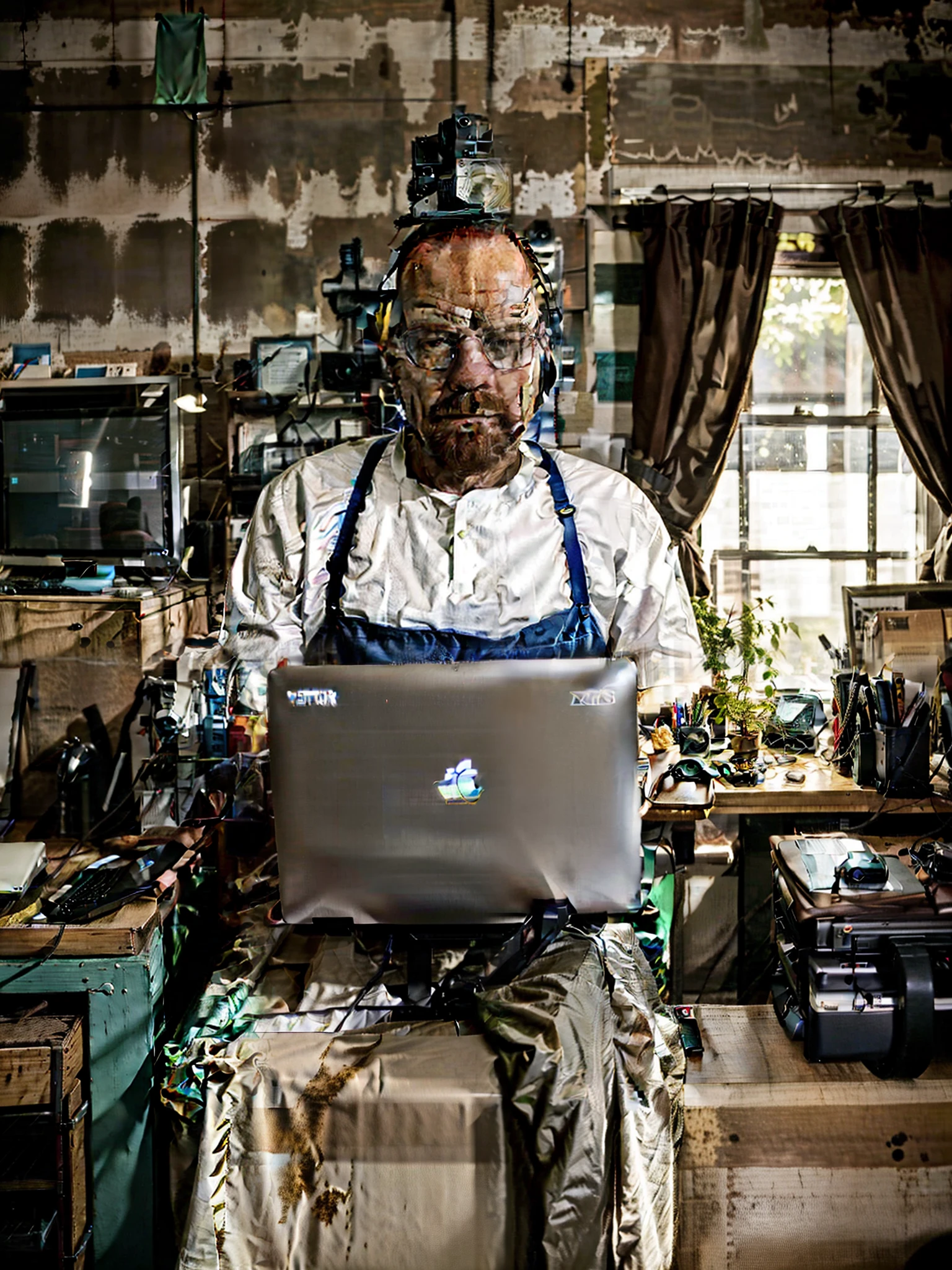 there is a man sitting in a chair with a laptop, com um laptop no colo, sentado em um computador, sentado em frente ao computador, Walter White como um fisiculturista, middle aged balding superhero, bald man, na frente de um computador, foto retrato, muscular bernie sanders, sentado em sua mesa, inspirado em Petrus Christus