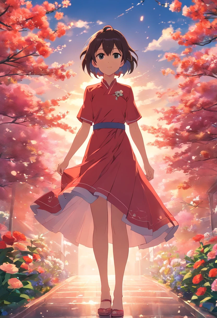 Uma garota de costar de vestido vermelho segurando um boque de flores
