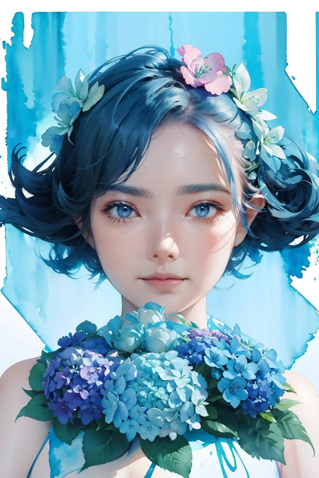 1girl, wearing hydrangea blue flower on her head, Lisianthus ,in the style of light blue and cobalt, dreamy and romantic compositions, pale pink, ethereal foliage, playful arrangements,fantasy, high contrast, ink strokes, explosions, over exposure, blue and light blue tone impression , abstract, ((watercolor painting by John Berkey and Jeremy Mann )) brush strokes, negative space