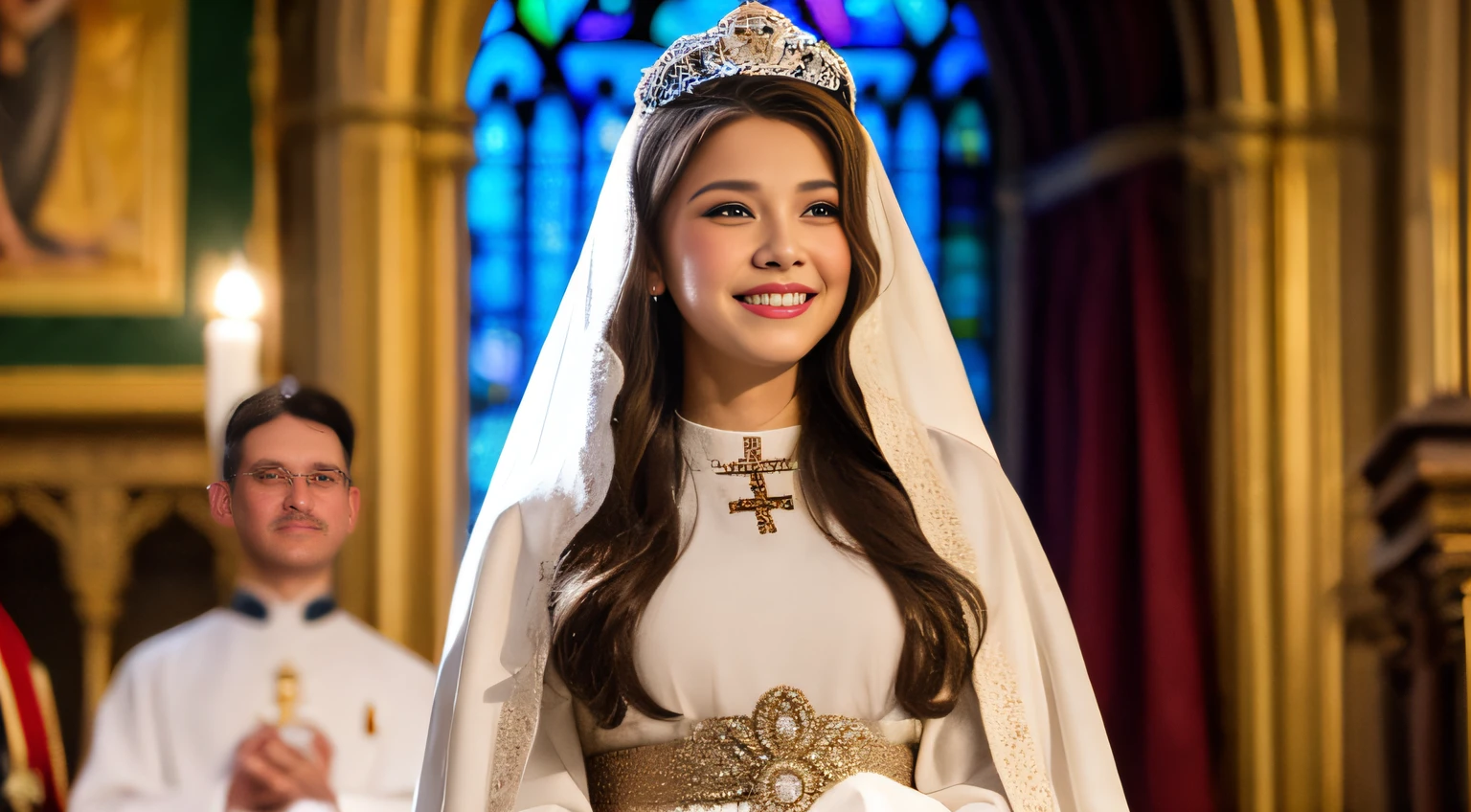 Young beautiful woman, huge-breasted, light brown hair, Lips, princess,fullbody image,robe blanche，Jewel-encrusted tiara，coronation ceremony，inside a church,fullbody image,The applause of the nuns，Everyone smiled,