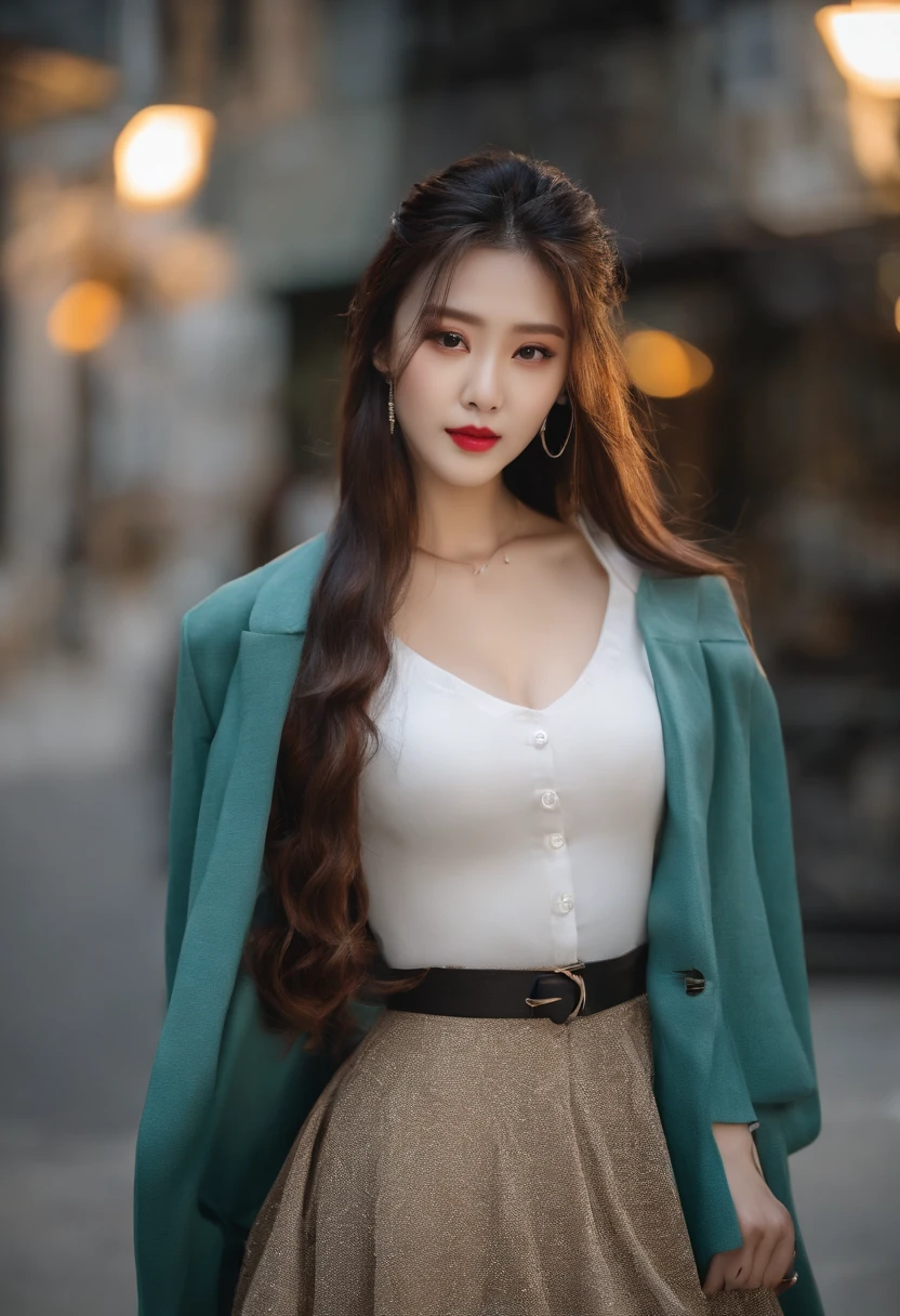 beautiful Korean women，Ultra photo realsisim, Best Beautiful Korean Girl, Black wavy hair, High bun hair , Have on the street, Sexy tennis skirt, cleavage, Gilet blanc, Lace clothes