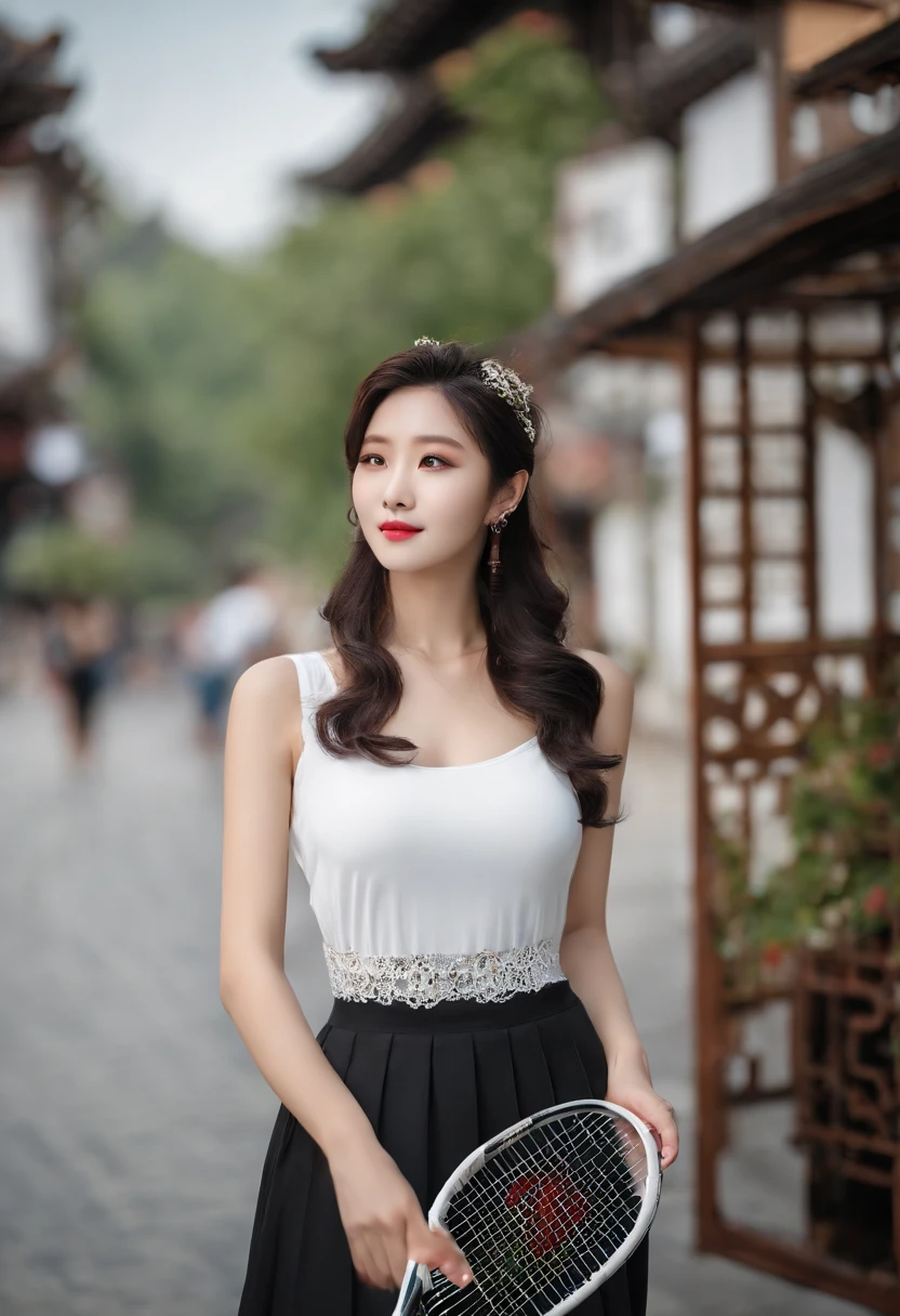 beautiful Korean women，Ultra photo realsisim, Best Beautiful Korean Girl, Black wavy hair, High bun hair , Have on the street, Sexy tennis skirt, cleavage, Gilet blanc, Lace clothes