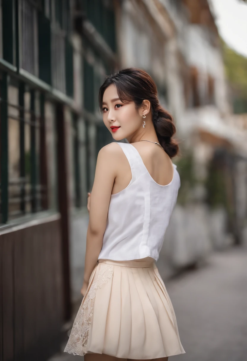 beautiful Korean women,Ultra photo realsisim, Best Beautiful Korean Girl, Black wavy hair, High bun hair , Have on the street, Sexy tennis skirt, cleavage, Gilet blanc, Lace clothes