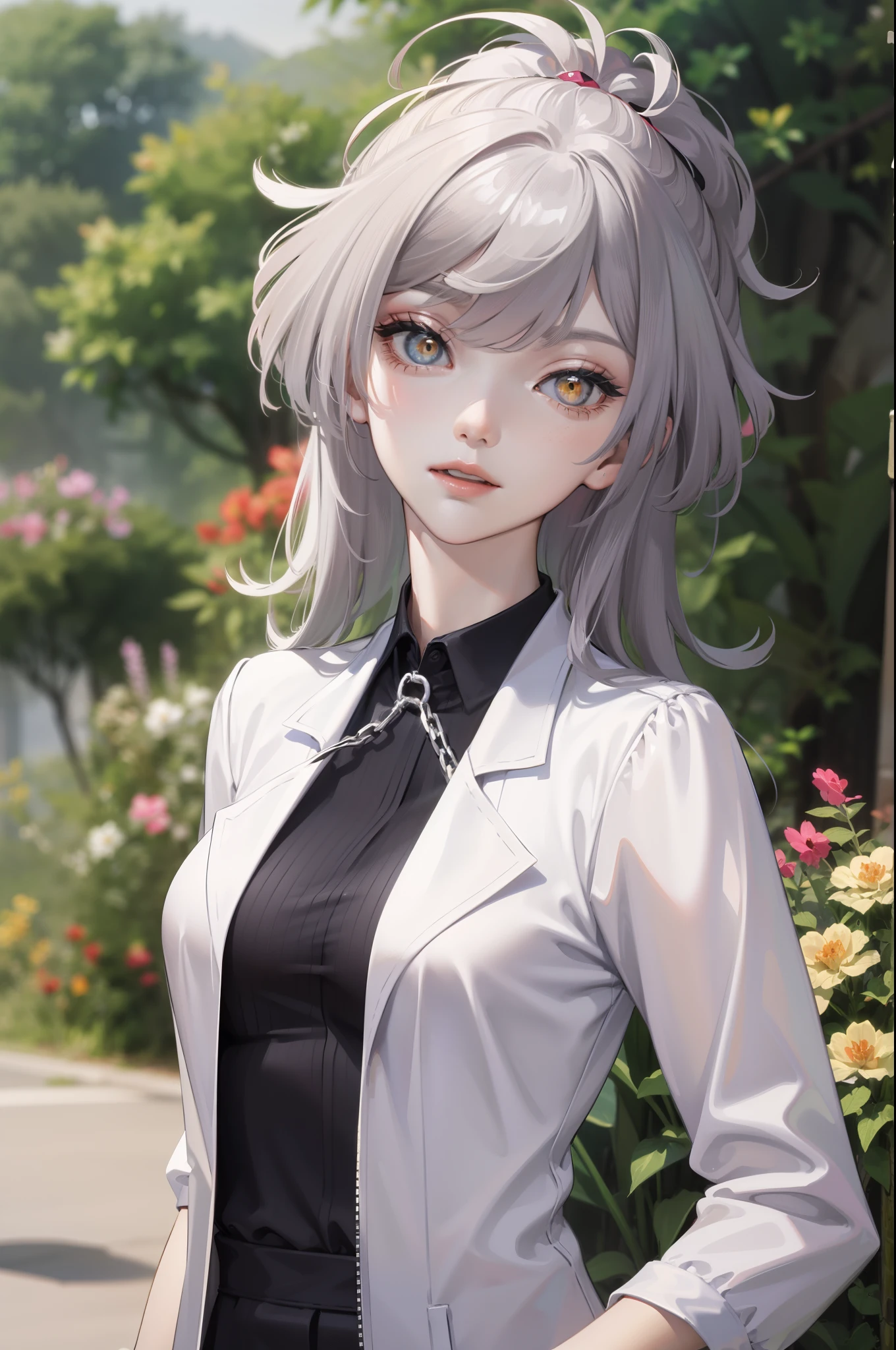 medium shot, medium shot, Depth-of-field, bust, Upper body, cinematic angle, 巨作, Best Quality, A highly detailed, cg, 8k wallpaper, beautifull face, delicate eyes, virgin, 独奏, long white hair, Yellow eyes, hairpin, white shirt, Black hooded jacket, black baseball cap, Black Socks, Black above-the-knee shoes, Sunset, Medieval port, Port, Detailed water surface, Reflection of the sun