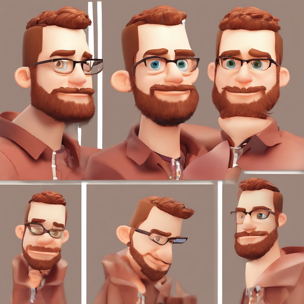 Criar um personagem no estilo Pixar. Trata-se de um homem de 30 anos, com barba, Branco, com cabelos castanhos curtos e um quiff, e olhos castanhos. Ele deve estar na frente de um computador, Trabalhar como designer