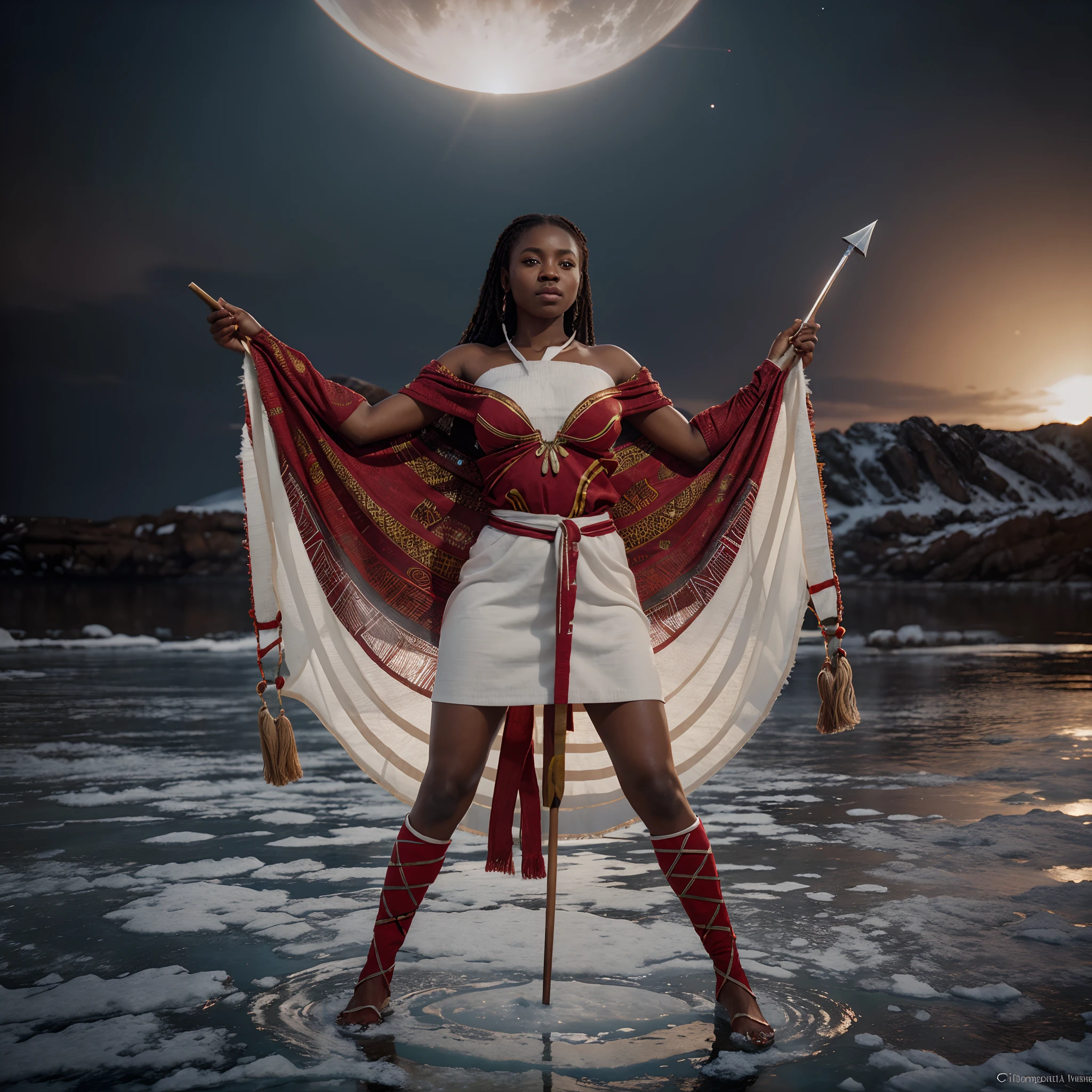 Wide angle shot of an African woman holding a spear and dressed in ancient african clothes of hides and fur, stands on a frozen lake, red colour spread minimally on the frozen lake, red and white layers of colour in the background, giving a grey and white colour grading in the scene, colour grading reminiscent of interstellar movie by Christopher Nolan, Epic cinematic lighting, artgerm style, 32k, ultra HD, unreal engine rendered, hyper-realistic image,