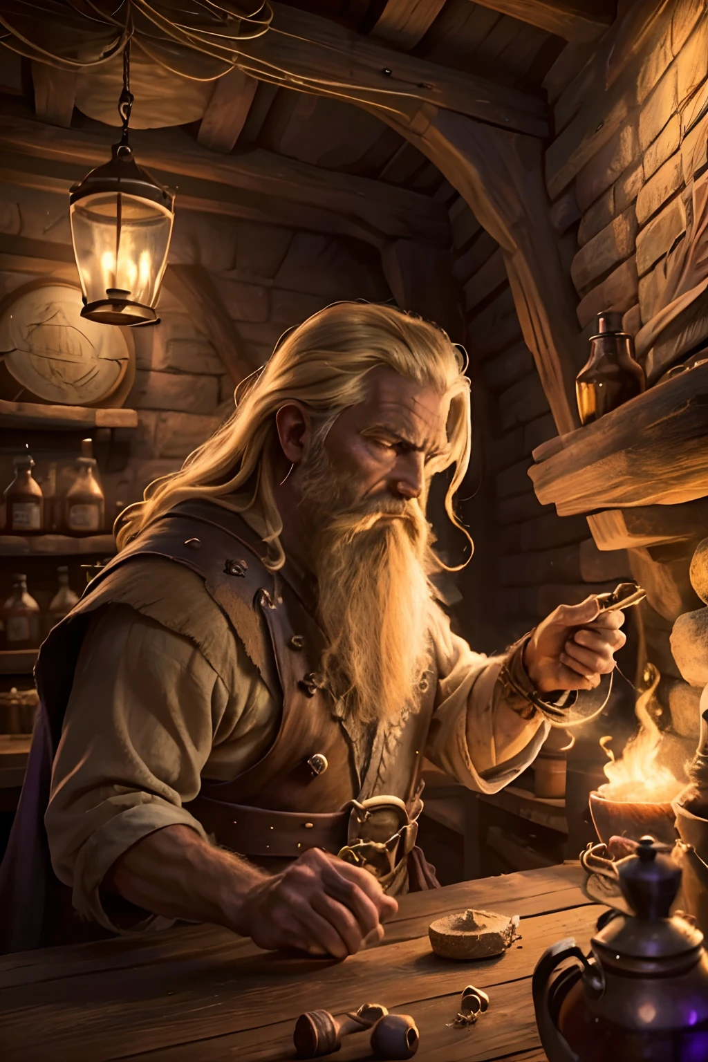 (best quality,4k,8k,highres,masterpiece:1.2),ultra-detailed,(realistic,photorealistic,photo-realistic:1.37),bearded (male,dwarf) brewer,(blonde haired,blond,light-haired) dwaft,confused expression,swirly purple eyes,casting an accidental spell,copper brewing equipment,steaming cauldron filled with bubbling potions and colorful liquids,old and dusty brewery,tall shelves lined with potion bottles and brewing ingredients,enchanted brewing book (floating:1.1) in mid-air,sparkling magical aura surrounding the brewer and the brewing area,smoke swirling in intricate patterns around the brewer,magic sparks and glitter filling the air,intense concentration and focus in the brewer's eyes,deep wrinkles and weathered hands showing a lifetime of dedication to brewing,unique and intricate patterns carved into the brewer's wooden staff,soft yellow lighting illuminating the scene,adding a warm and cozy atmosphere to the brewery,rich and earthy color palette with hints of purple and gold,conveying a sense of mystery and enchantment,majestic tapestries depicting ancient brewing traditions adorning the walls,creating a sense of history and tradition in the space.