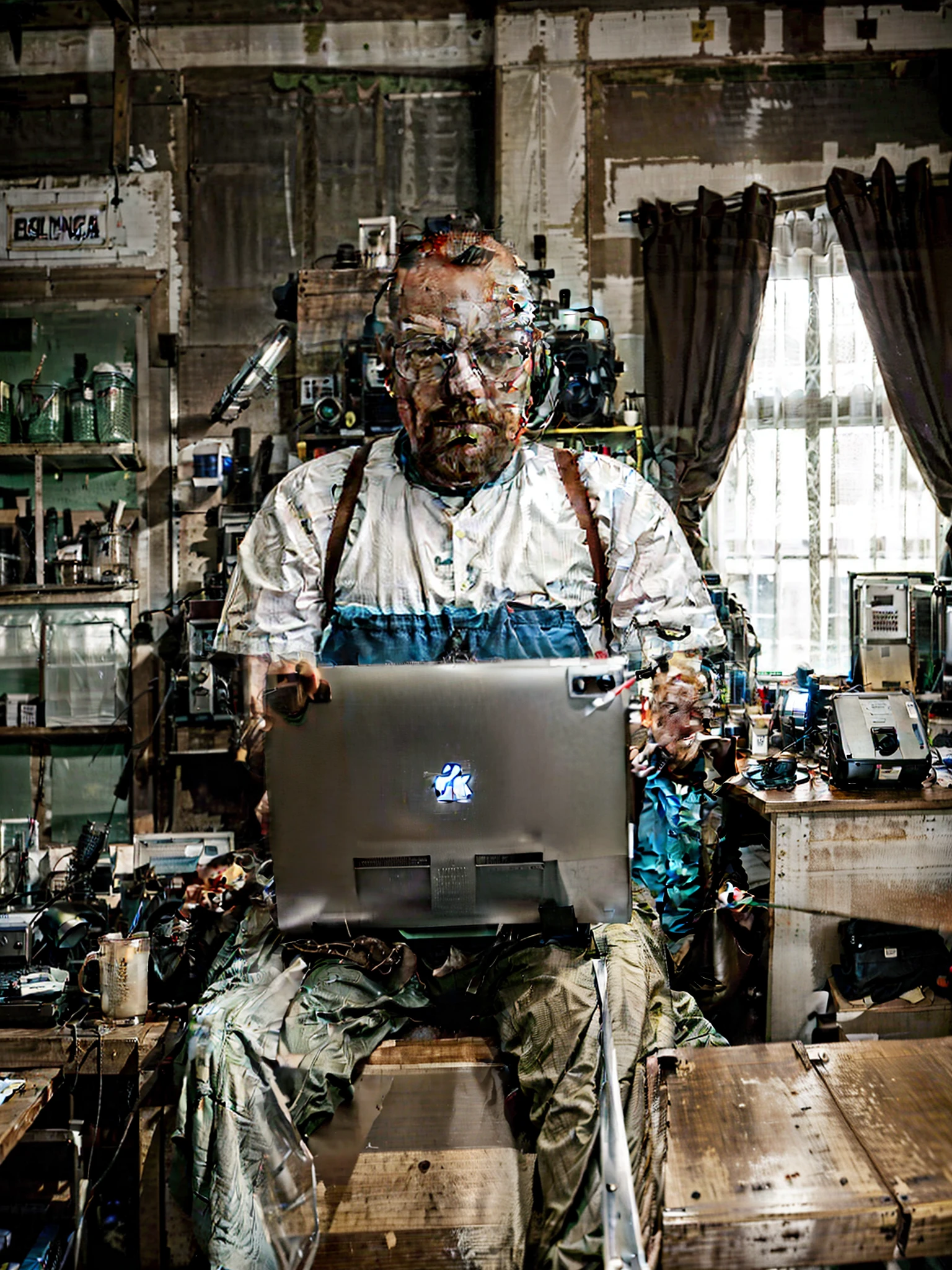 there is a man sitting in a chair with a laptop, com um laptop no colo, sentado em um computador, sentado em frente ao computador, Walter White como um fisiculturista, middle aged balding superhero, bald man, na frente de um computador, foto retrato, muscular bernie sanders, sentado em sua mesa, inspirado em Petrus Christus