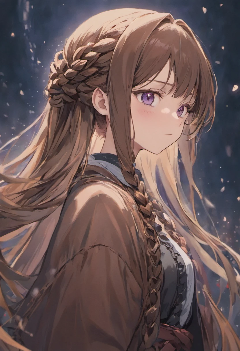 Beautiful noble girl with a cold face, dull purple eyes, long flowing brown hair, sideburns braided.