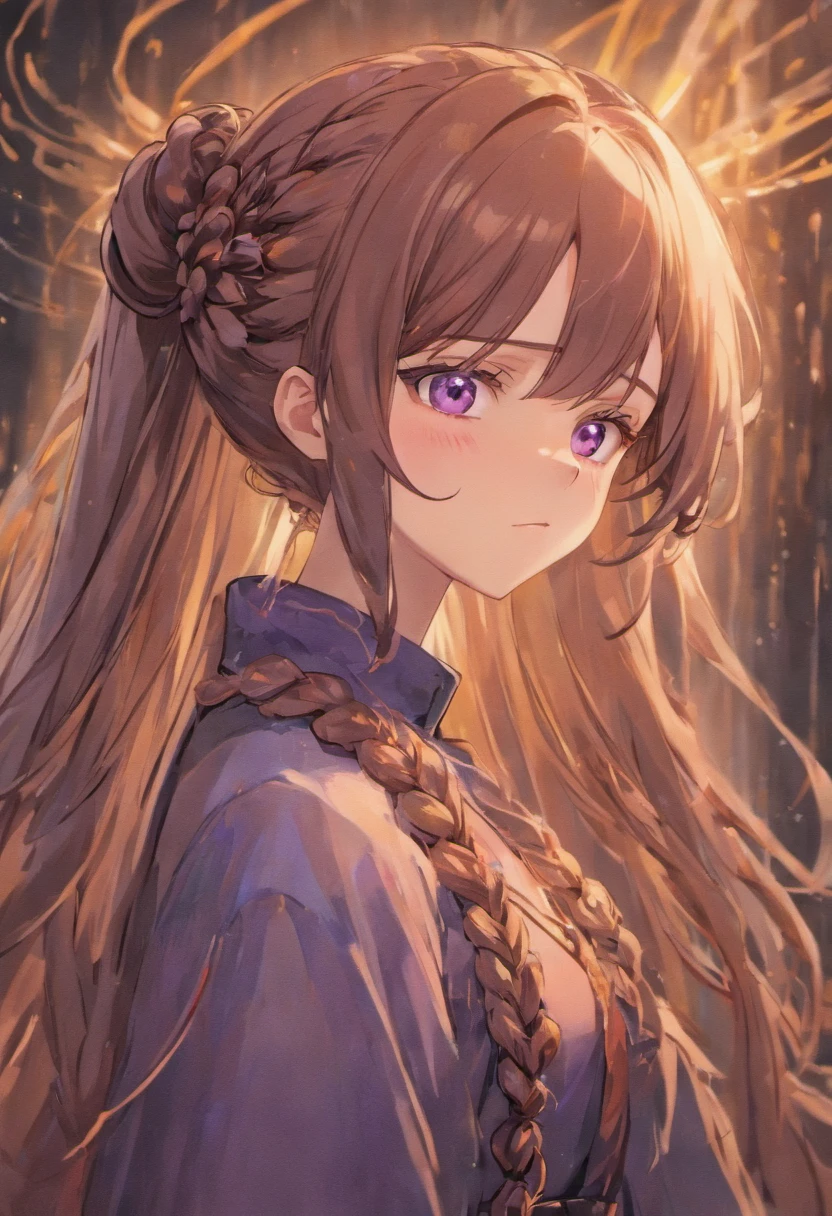 Beautiful noble girl with a cold face, dull purple eyes, long flowing brown hair, sideburns braided.
