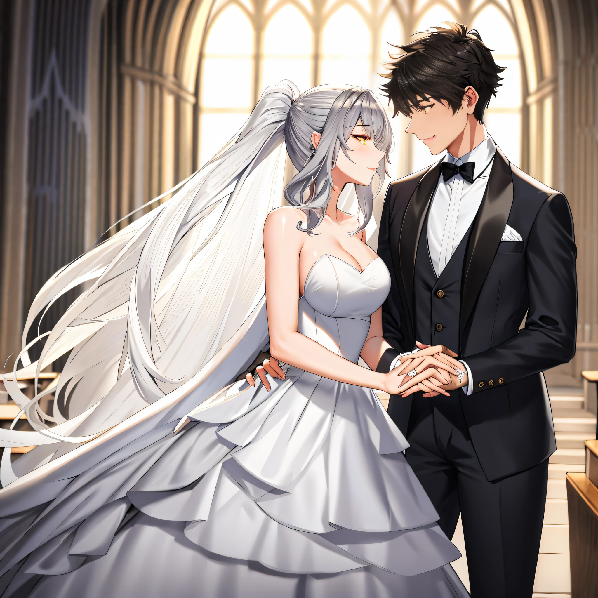 masterpiece, best quality, masterpiece, best quality, masterpiece, best quality, masterpiece, best quality, high quality,high detail, ultra detail, Uhd, 4k,4280x2240, depth field, (hdr:1.9), correct ???????, a boy masculine with short hair black hair abundant brown eyes with complete Groom Wedding Suit For Gentleman Suit And Palto Flu Pants outfit and a girl with very long hair messy hair curly hair wavy hair (((silver hair))) high ponytail with yellow eyes wearning in Wedding Dress, Dreamed Wedding Dress. Love. holding hands watching the sunset sunrise of the new year while kissing at church wedding with wedding rings on the finger boy and wedding rings on the finger girl and smile