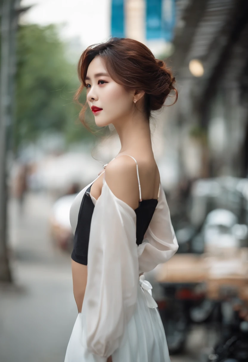 beautiful Korean women，Ultra photo realsisim, Best Beautiful Korean Girl, full bodyesbian, Wavy hair, High bun hair, Have on the street, C chord bottom wave, cleavage, Gilet blanc, medium boob, closing her eyes