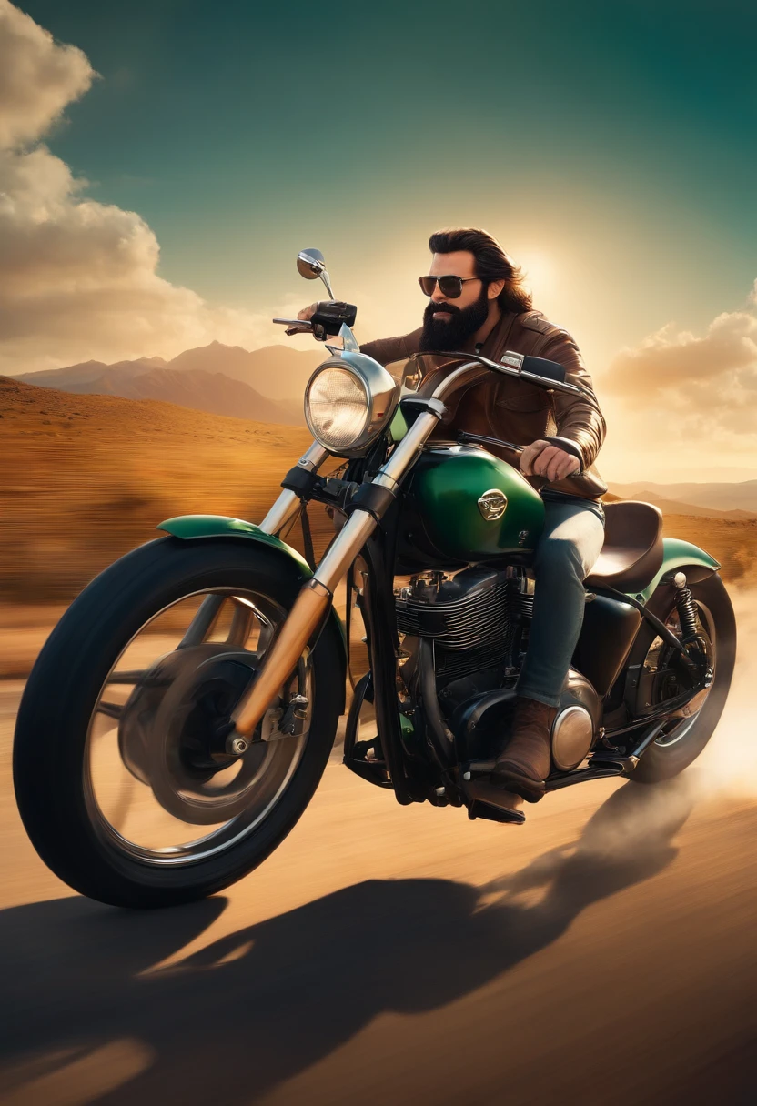a 3D Disney Pixar poster of a man with a beard and long black hair, pilotando uma moto verde em uma viagem de moto. (altamente detalhado:1.2), Realistic depiction of a motorcycling enthusiast man, cena com cores vibrantes, cabelo detalhado e barba, Background with scenic landscapes and iconic landmarks, arte profissional, Capturing the joyful spirit of adventure and freedom, dynamic compositing, Beautiful lighting and shading, Capturing the essence of the open road.