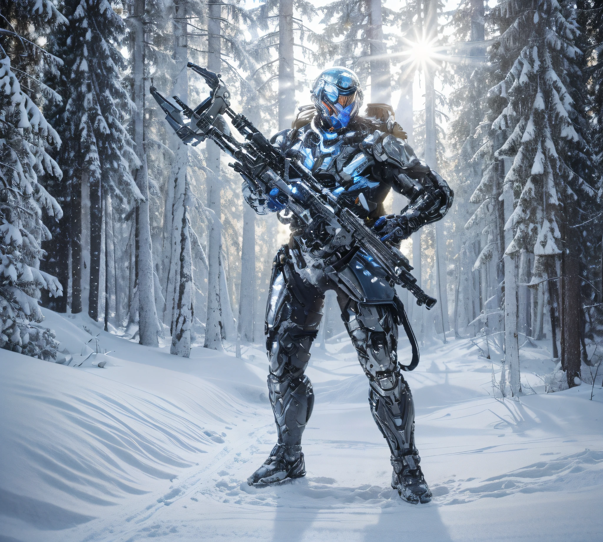 male soldier, advanced military helmet and advanced military armor cyborg style blue and white, cables and tubes, futuristic heavy silver-colored freezing weapon blue energy cells, he is in a winter Norwegian forest, hyperrealistic, 4k, Ultra detailed image, realistic, Highly detailed, perfect composition, gorgeous, Intricately detailed, incredibly detailed, Art photography 8K, hyper detailed, Masterpiece, Ultra detailed, hyper realistic, 4k, Ultra detailed image, realistic, Highly detailed, perfect composition, beautiful, intricately detailed, incredibly detailed , art photography 8k, hyper detailed, masterpiece