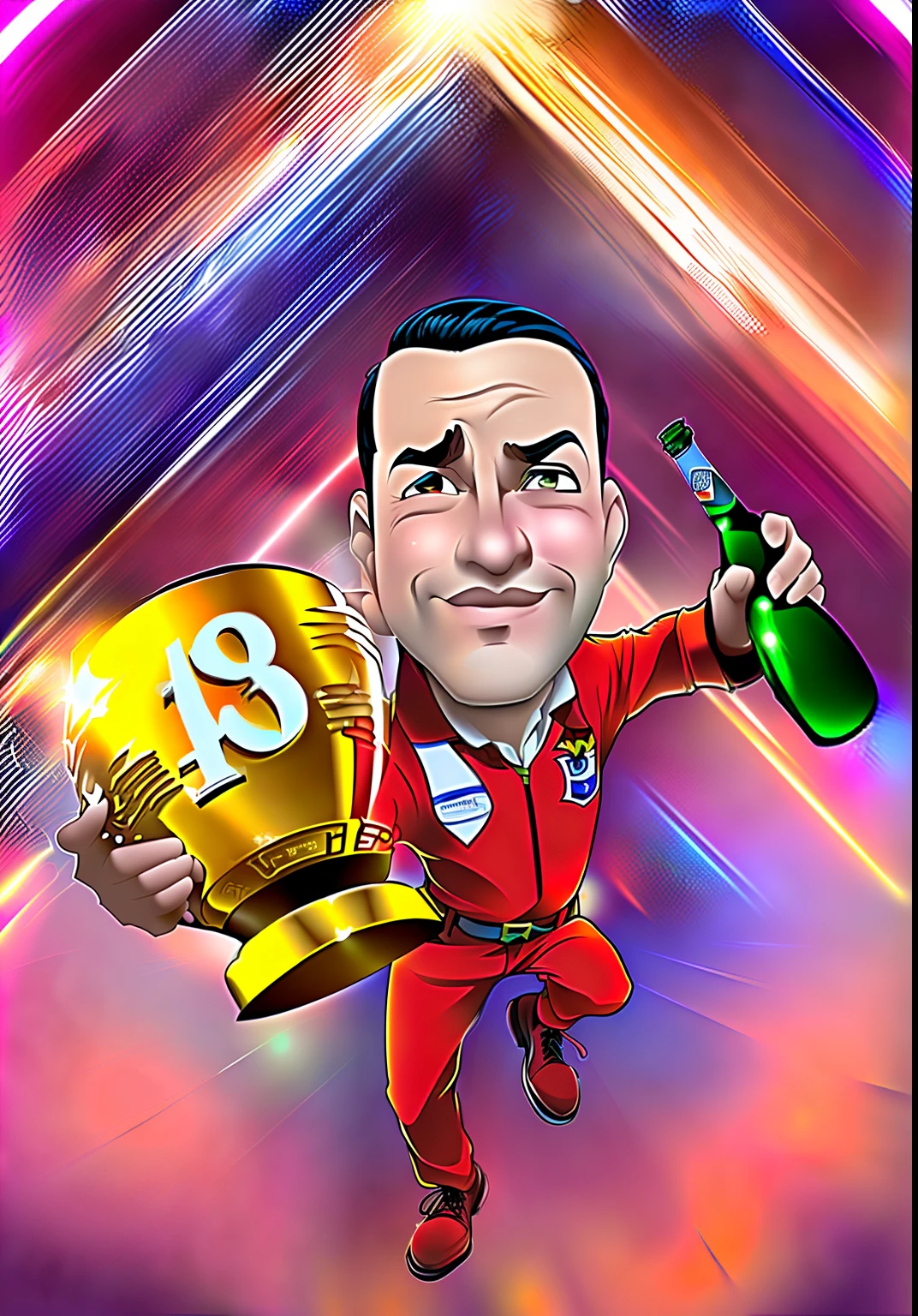 A cartoon of a man holding a trophy and a bottle, comemorando 48 anos de vida, cabelos pretos, estilo caricatura, Winning illustration, desenhado como o anime speed racer, Arte digital premiada, caricature illustration, arte digital dos desenhos animados, uau!, !8k!, desenhado digitalmente, Detalhes adicionais, Arte digital premiada, arte digital, arte digital, Tony Sart altamente detalhado, inspirado em Kev Walker no estilo Disney pixar melhor qualidade, maior qualidade.