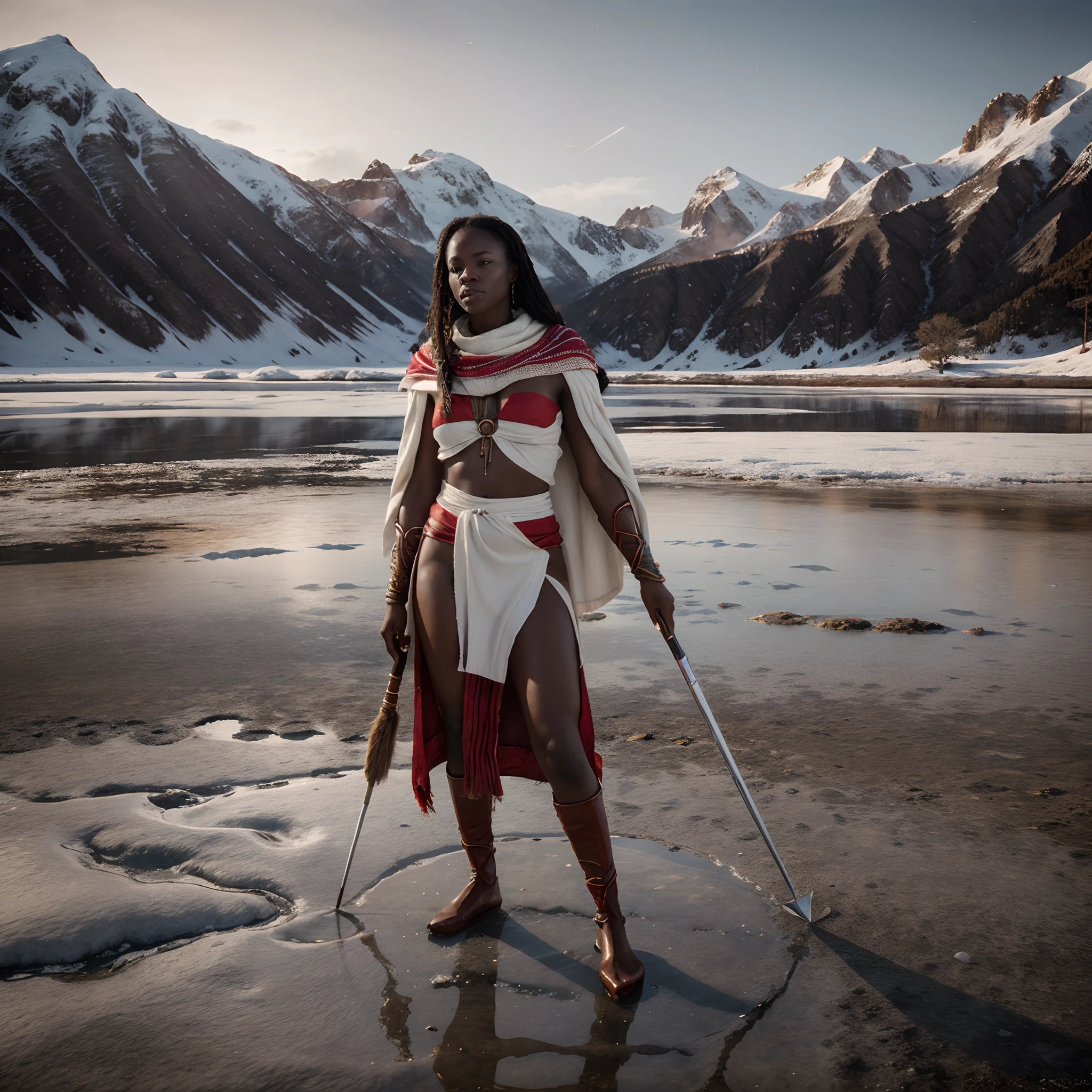 Wide angle shot of an African woman holding a spear and dressed in ancient african clothes of hides and fur, stands on a frozen lake, red colour spread minimally on the frozen lake, red and white layers of colour in the background, giving a grey and white colour grading in the scene, colour grading reminiscent of interstellar movie by Christopher Nolan, Epic cinematic lighting, artgerm style, 32k, ultra HD, unreal engine rendered, hyper-realistic image,