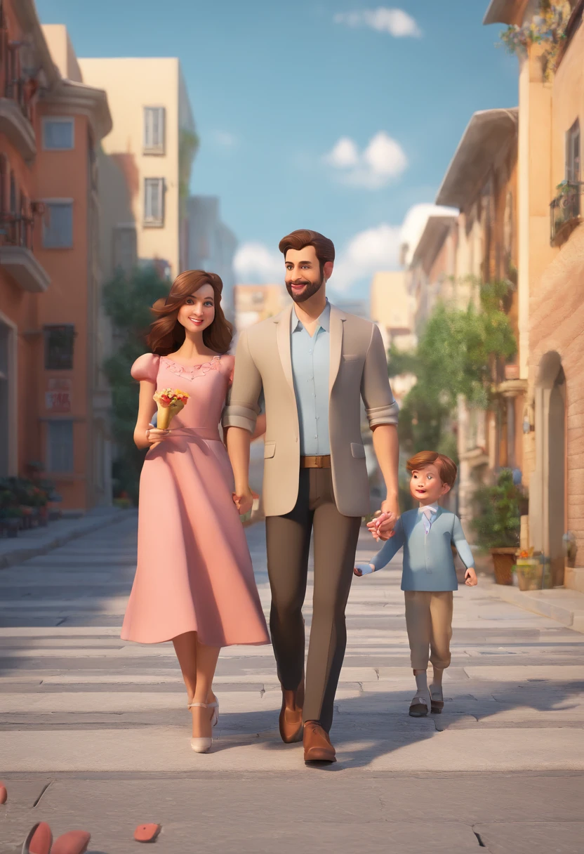 family of 4 people walking in a city.
The father is 36 years old, 1.80 m and 80 kgs with short beard and brown hair with entrances and long face.
The mother with 35 years and 1.60 m, 55 kgs of dress and brown wavy hair, oval face and high heels.
5--old l in a dress and baby 7-h-old b his fer's lap