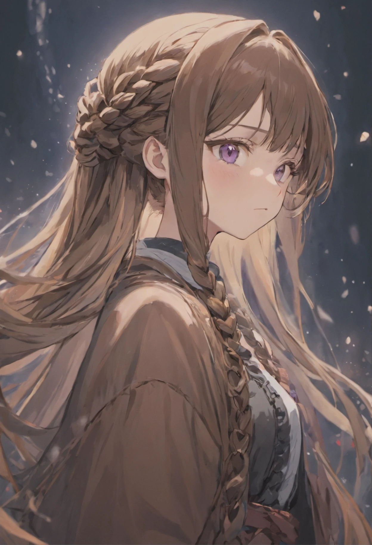 Beautiful noble girl with a cold face, dull purple eyes, long flowing brown hair, sideburns braided.