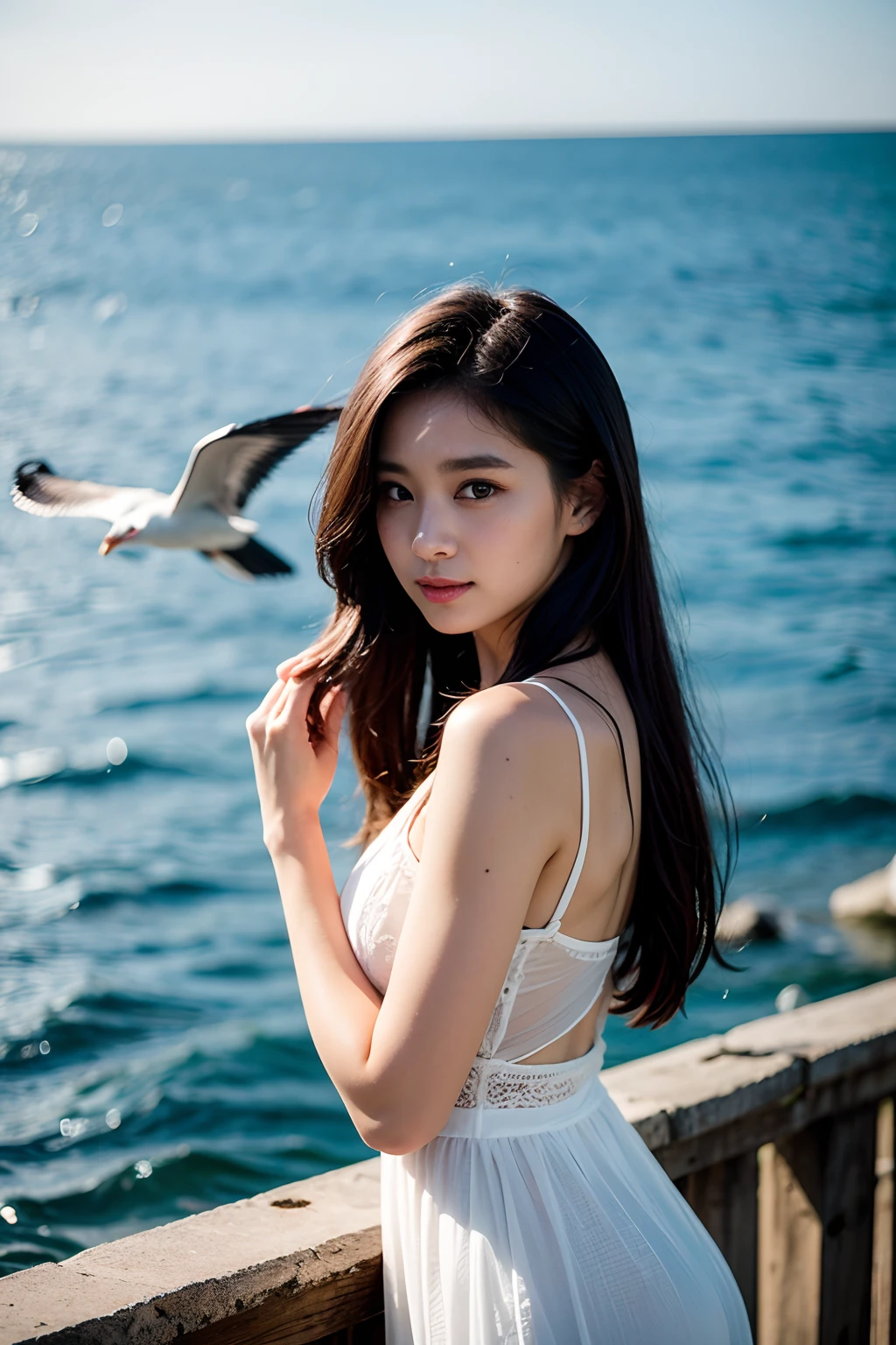 There are two photos of a woman with long hair and a seagull flying, [ photograph realistic ]!!, (Fish Eyes), Shot at Nikon D 3 2 0 0, ulzzang, photoshot, Photo 1 5mm, Post-Processing), photography], photo taken with nikon d750, photo taken with nikon d 7 5 0, The picture taken with Canon 5D