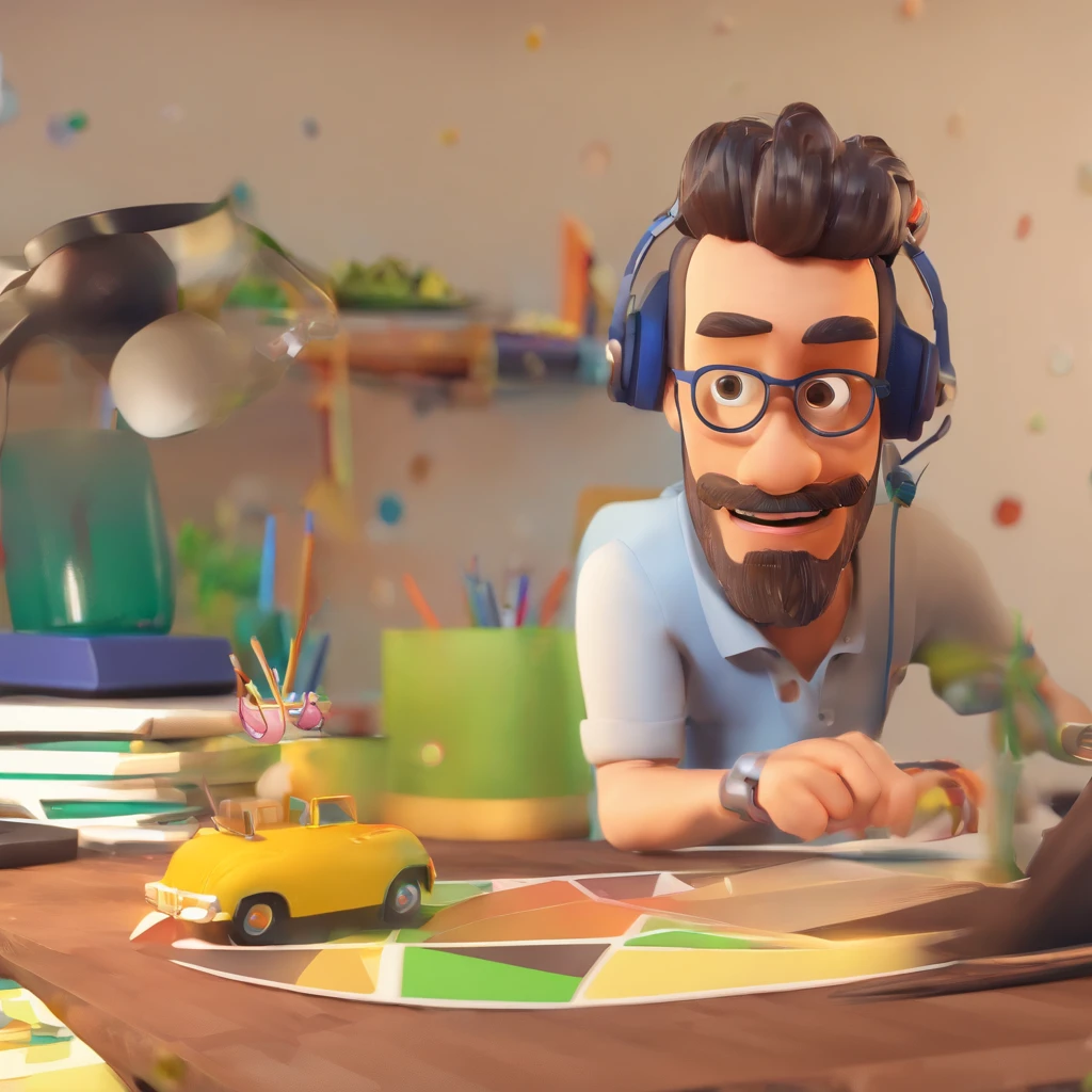 Criar um personagem no estilo Pixar. Trata-se de um homem de 30 anos, com barba, Branco, com cabelos castanhos curtos e um quiff, e olhos castanhos. Ele deve estar na frente de um computador, Trabalhar como designer