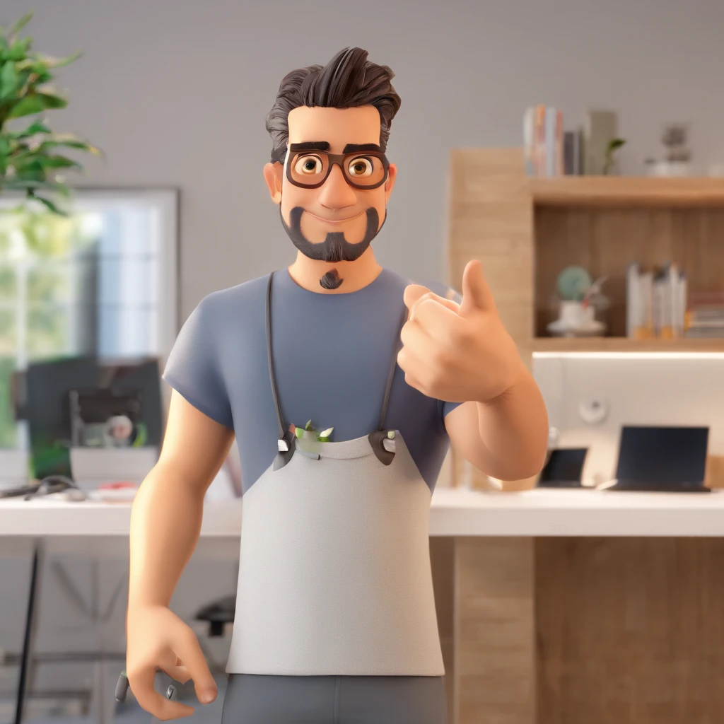 Criar um personagem no estilo Pixar. Trata-se de um homem de 30 anos, com barba, Branco, com cabelos castanhos curtos e um quiff, e olhos castanhos. Ele deve estar na frente de um computador, Trabalhar como designer