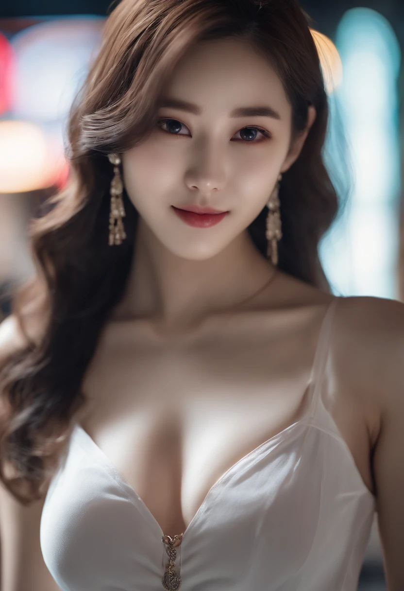 beautiful Korean women，8K, masutepiece, RAW photo, Best quality, Photorealistic, Highly detailed CG unity 8k wallpaper, depth of fields, Cinematic light, Lens flare, Ray tracing, (Extremely beautiful face, Beautiful lips, Beautiful eyes), intricate detail face, ((ultra detailed skin)) 1girl in, In the dark, deepshadow, Pretty Korean girl, Kpop idol, 1 girl, (Very slim and slender for muscular bodies:1.3), ((view the viewer)),(Big smile:1.3), (midnight, A dark night, (neon lights sign), (Blurred background), Dim light), (no people in background:1.3), Beautiful earrings, bangle, necklace, Pantyhose, Clear eyes, Walking , front footage, (Pale skin), (Big eyes), Face forward, (Full body shot), (brown hairs), Open navel, (view the viewer:1.3), Very slim, Medium breasts, (camel-toe), Thick thighs, Turn Back, (Flowing mini dress), ((White-collar dress)), (Tight skirt), ((Backtracking, Back shot)), Ultra mini skirt, Exposed ass, Shot