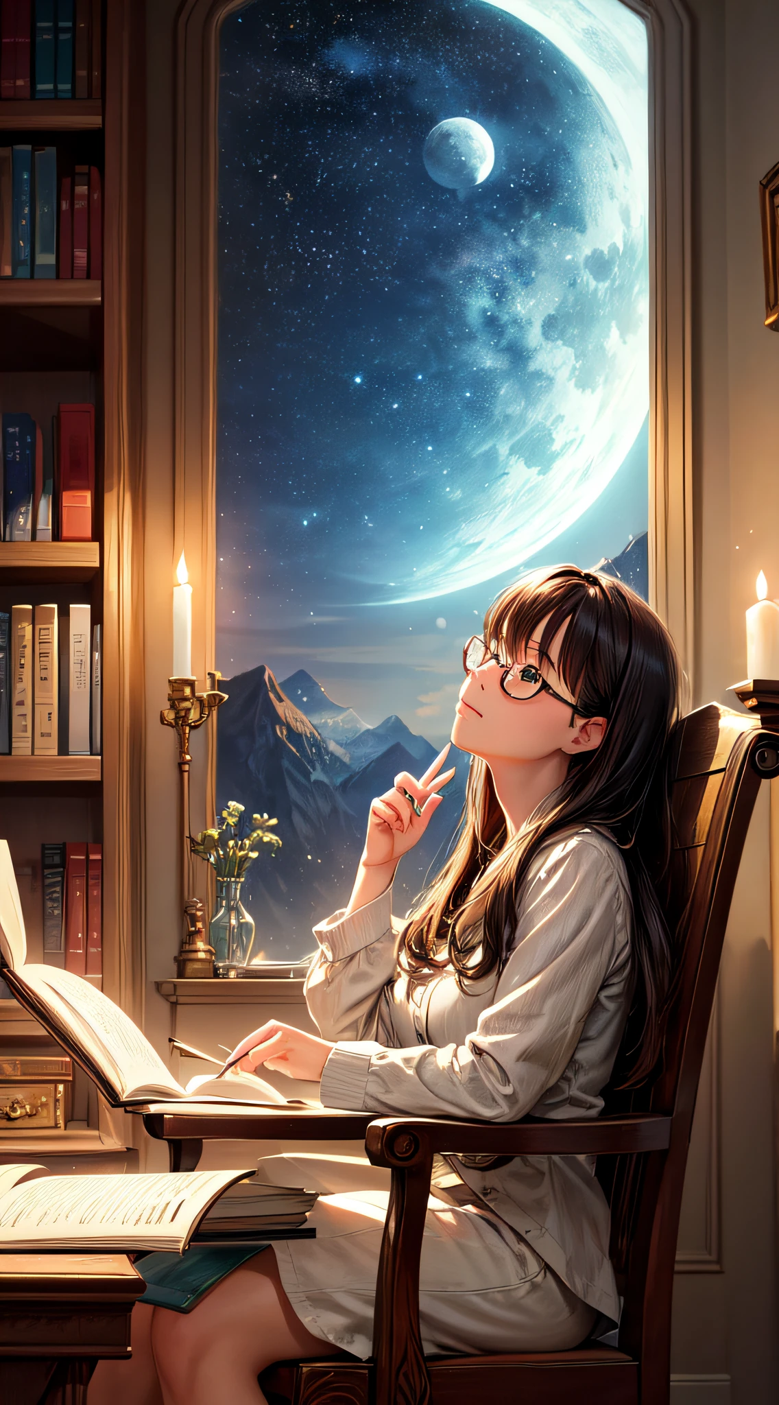 best quality,physically-based rendering,ultra-detailed,masterpiece:1.2,realistic,portrait,painting,candlelight,cozy,quiet,bookshelf,relaxation,wooden chair,peaceful atmosphere,detailed artwork,soft shadows,reading glasses,warm lighting,serene expression,calm environment,classic literature,leisure time,nighttime scenery,captivating background,gentleman,carefully crafted features,reflection on the glasses,absorbed in the book,tranquil moment,majestic sky,blinking stars,moonlight,thought-provoking,quietude,library ambiance,serenity,dreamy colors,solitude.